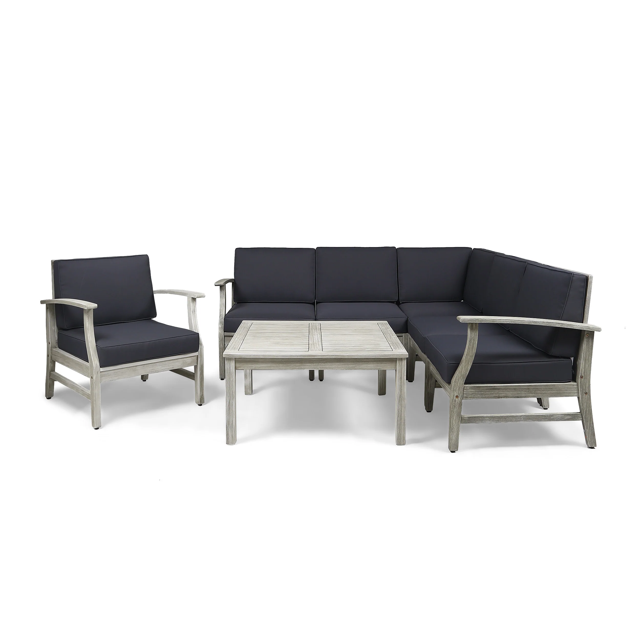 Capri Outdoor 7 Piece Acacia Wood Sectional Sofa and Club Chair Set - furnishings