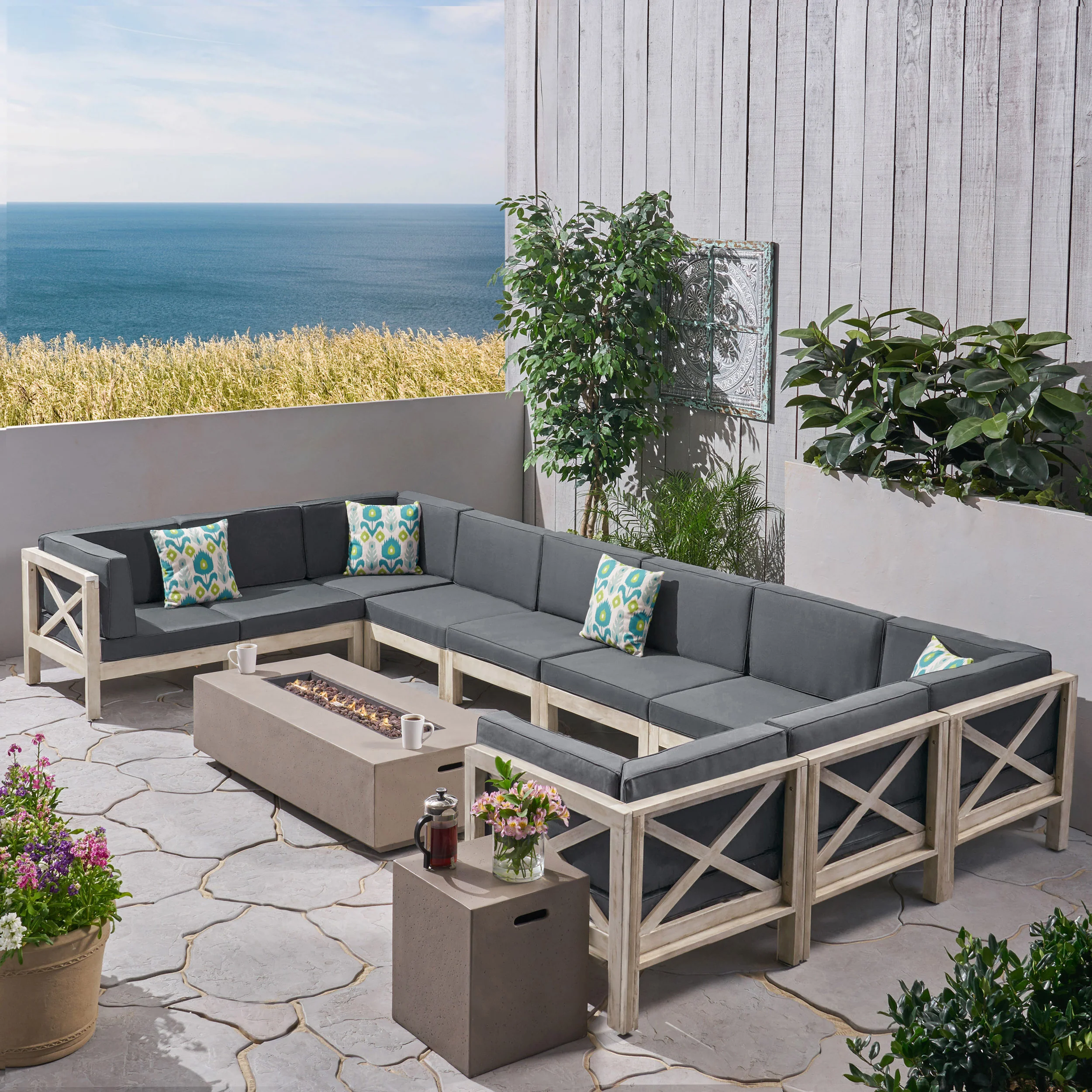 Cynthia Outdoor Acacia Wood 10 Seater U-Shaped Sectional Sofa Set with Fire Pit - furnishings