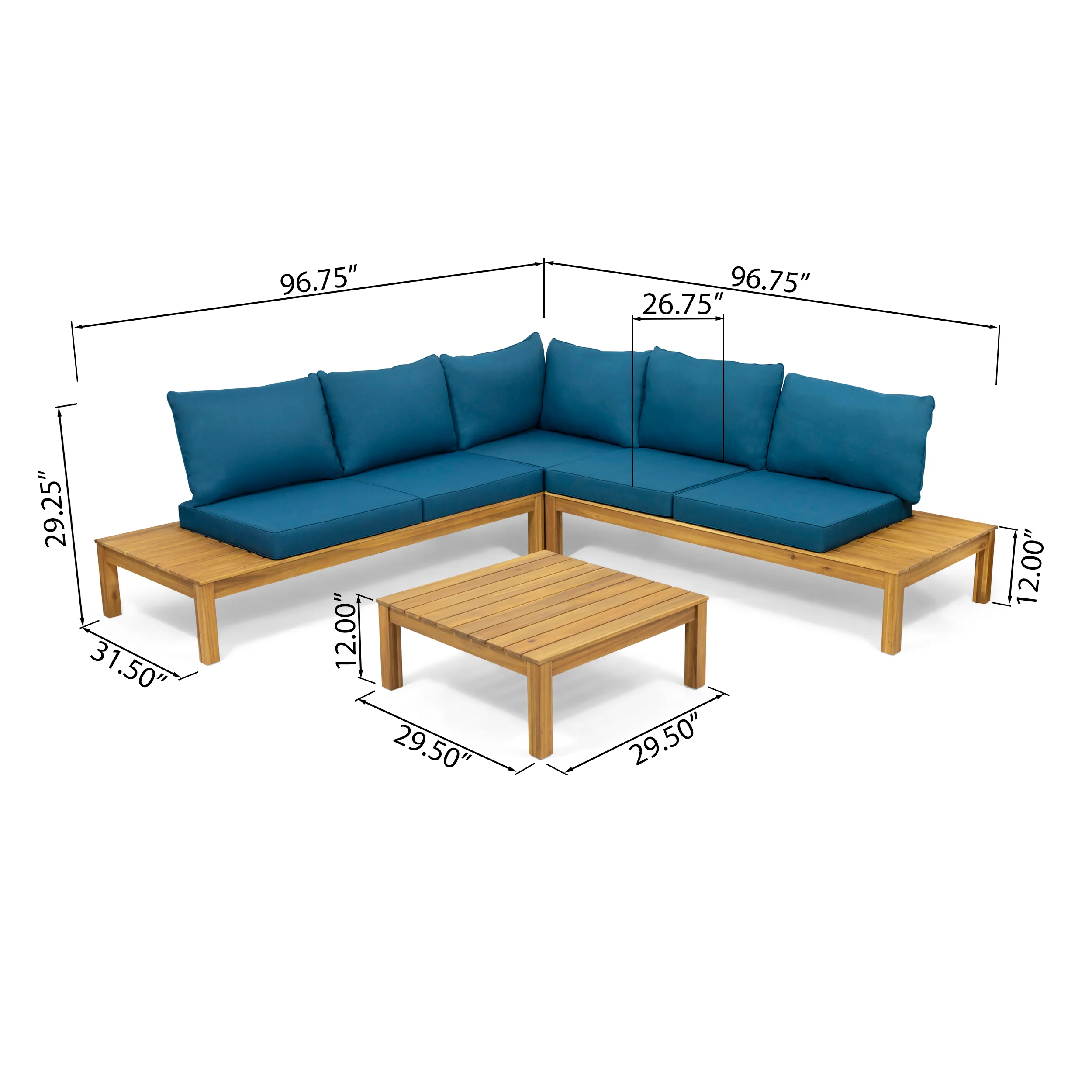 Vashti Outdoor 5 Seater V Shaped Acacia Wood Sectional Sofa Set with Cushions - furnishings