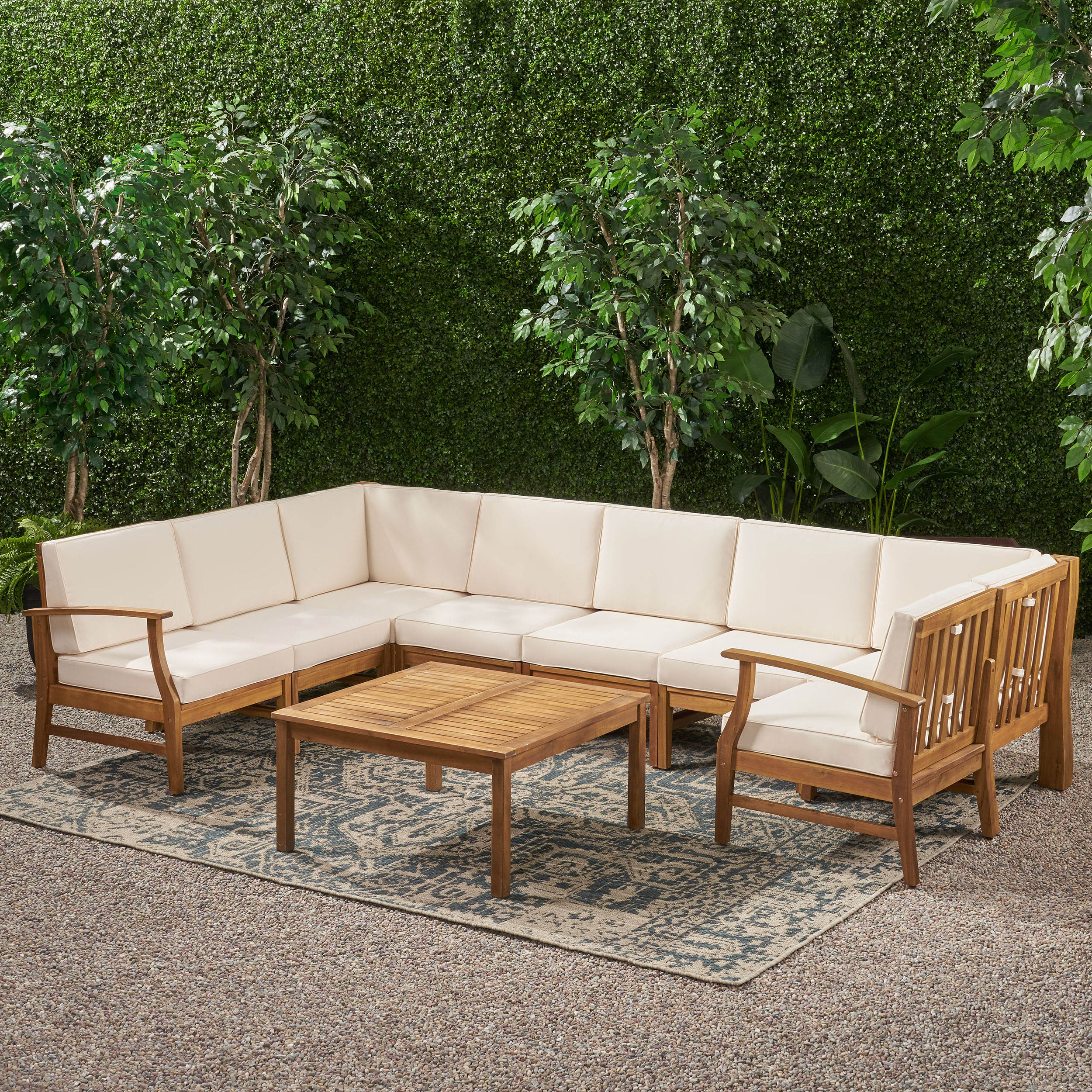 Scarlett Outdoor 8 Seat Teak Finished Acacia Wood Sectional Sofa and Table Set - furnishings