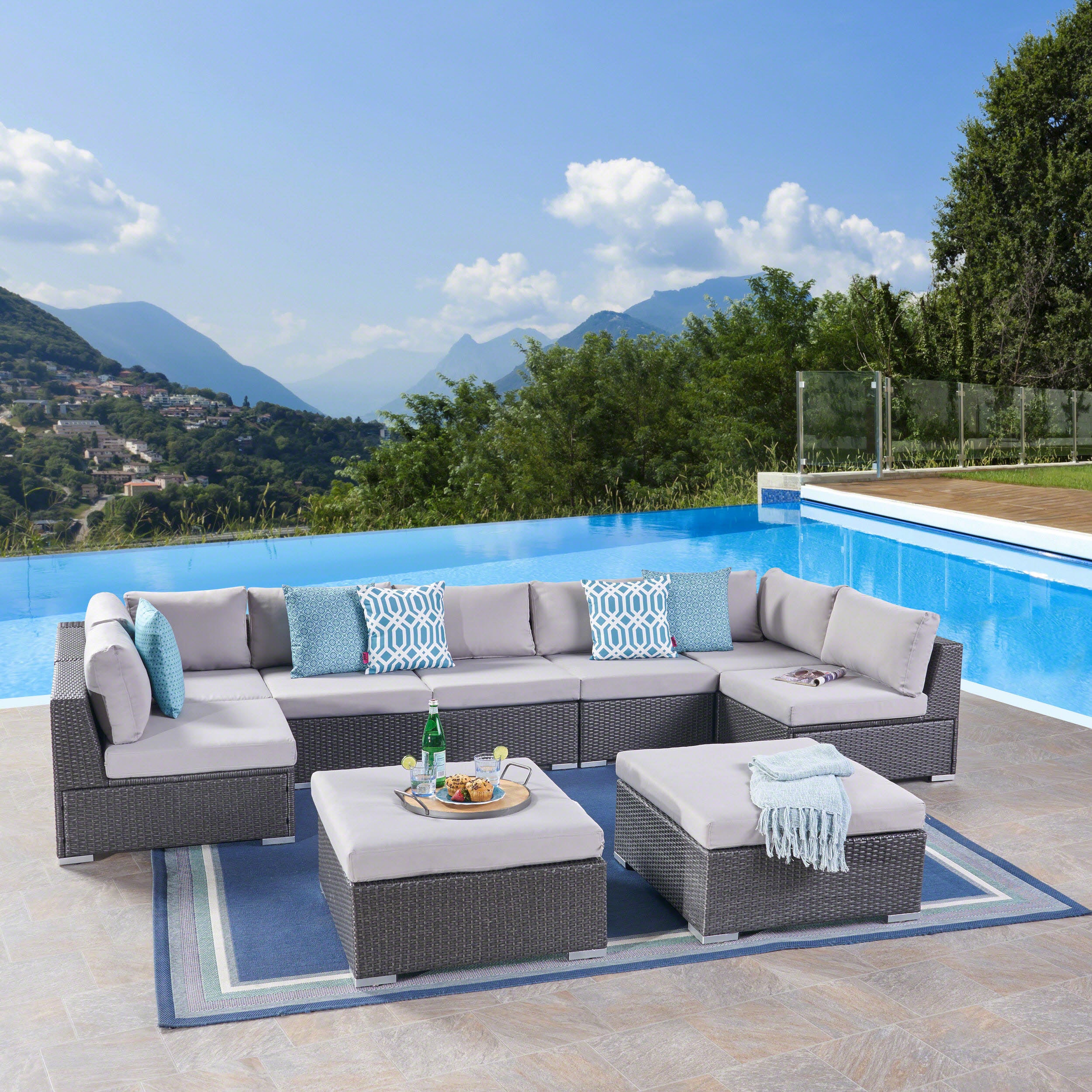 Tom Rosa Outdoor 7 Seater Wicker Sectional Sofa Set with Cushions - furnishings