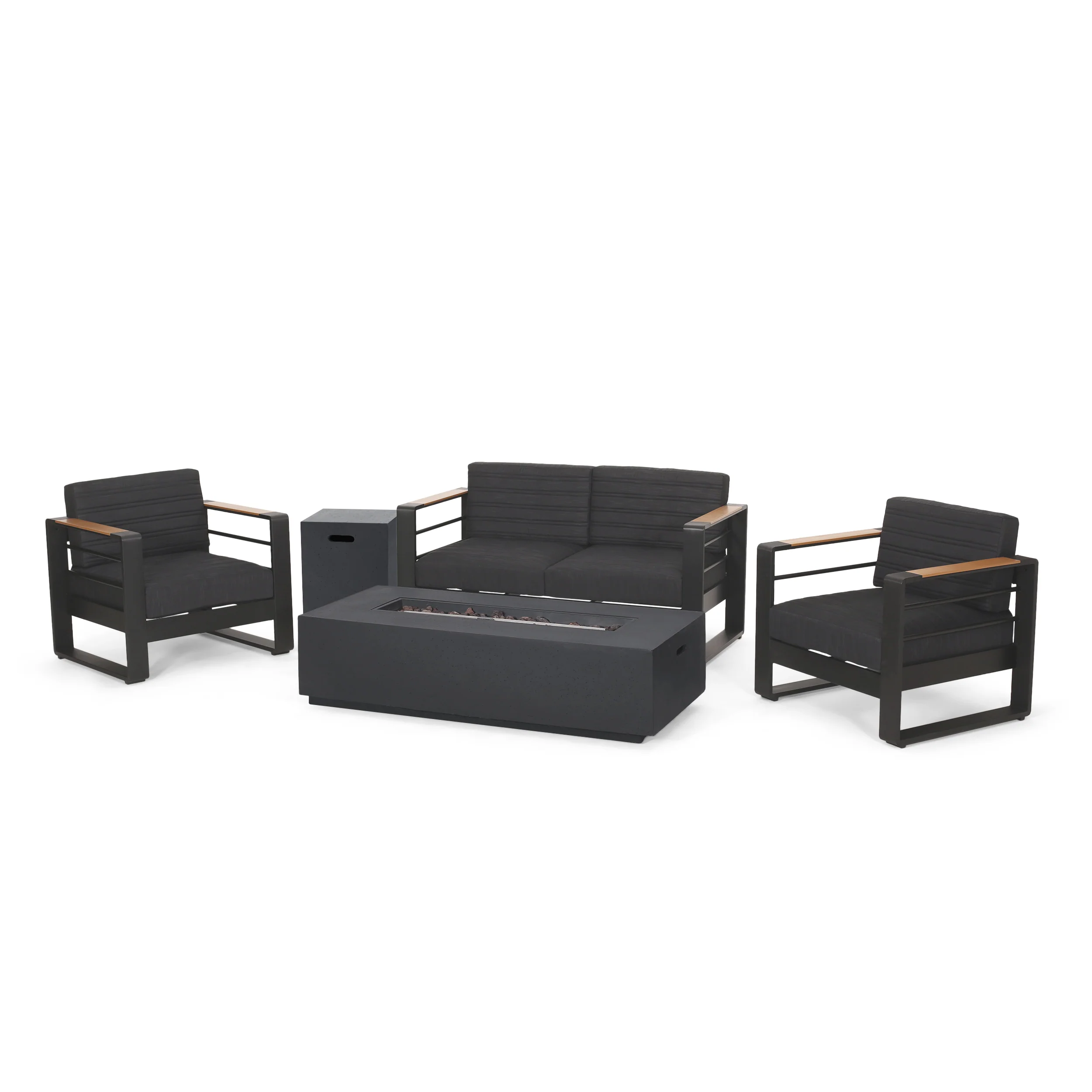 Neffs Outdoor Aluminum 4 Seater Chat Set with Fire Pit, Black, Natural, and Dark Gray - furnishings