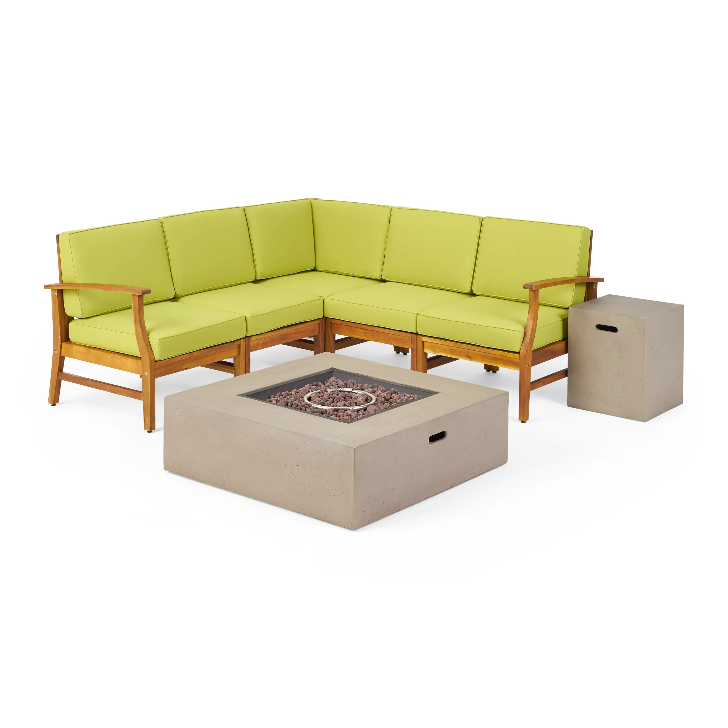 Nyeemah Outdoor 5 Seater V-Shaped Acacia Wood Sofa Set with Square Fire Table and Tank - furnishings