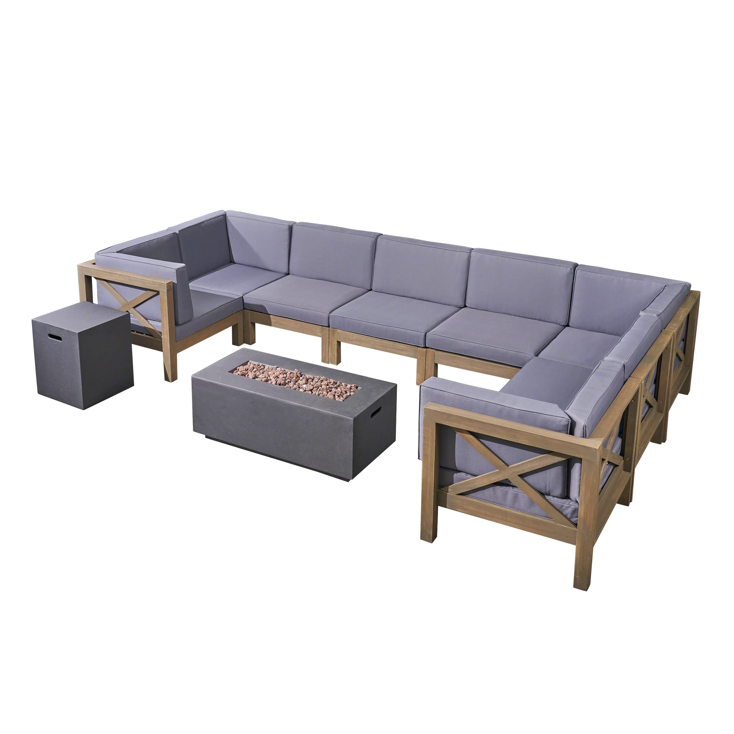 Cynthia Outdoor Acacia Wood 8 Seater U-Shaped Sectional Sofa Set with Fire Pit - furnishings