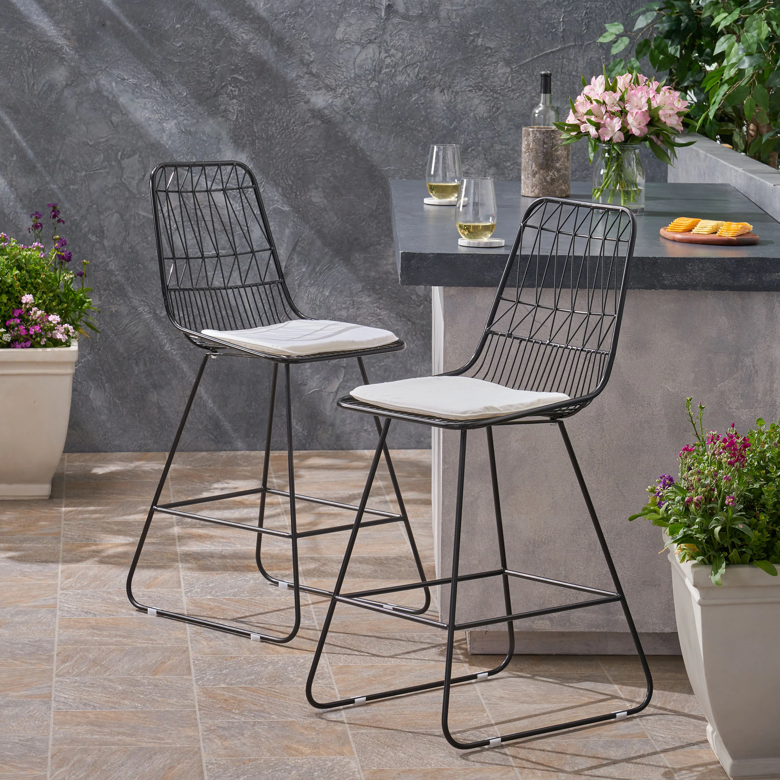 Hedy Outdoor Wire Counter Stools with Cushions (Set of 2) - furnishings
