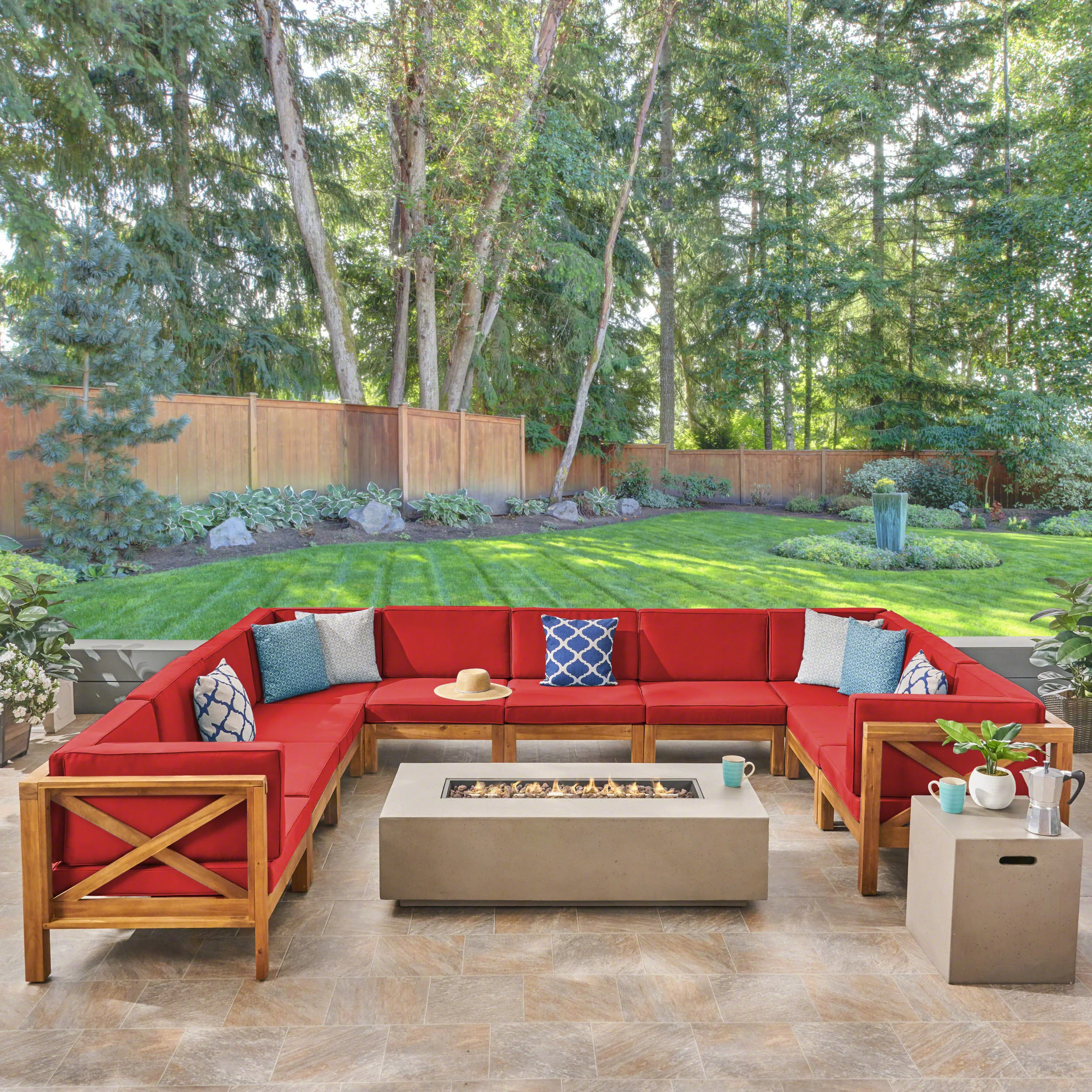 Cynthia Outdoor Acacia Wood 10 Pieces U-Shaped Sectional Sofa Set with Fire Pit - furnishings