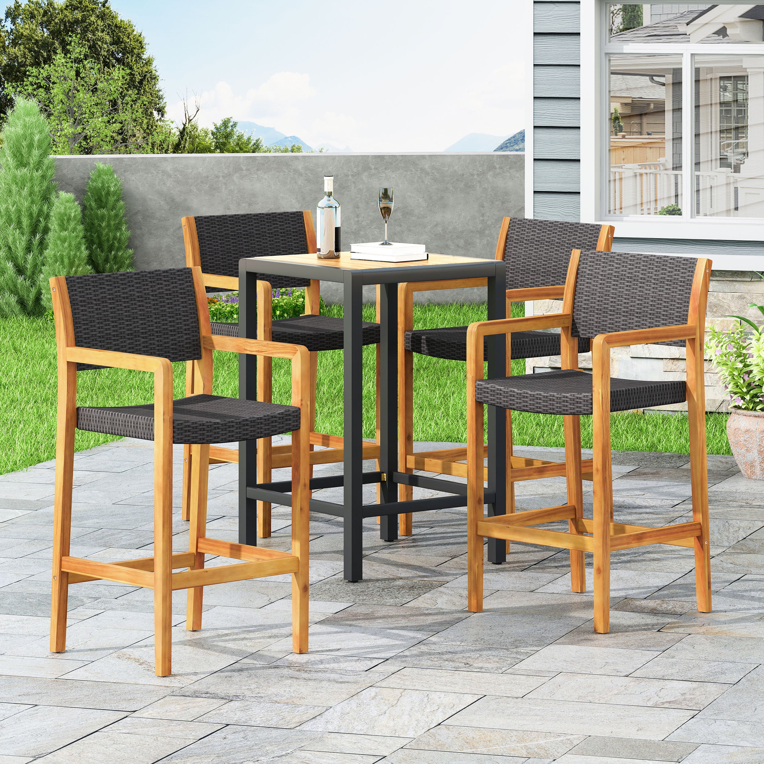Eliani Outdoor Acacia Wood Barstools with Wicker (Set of 4) - furnishings