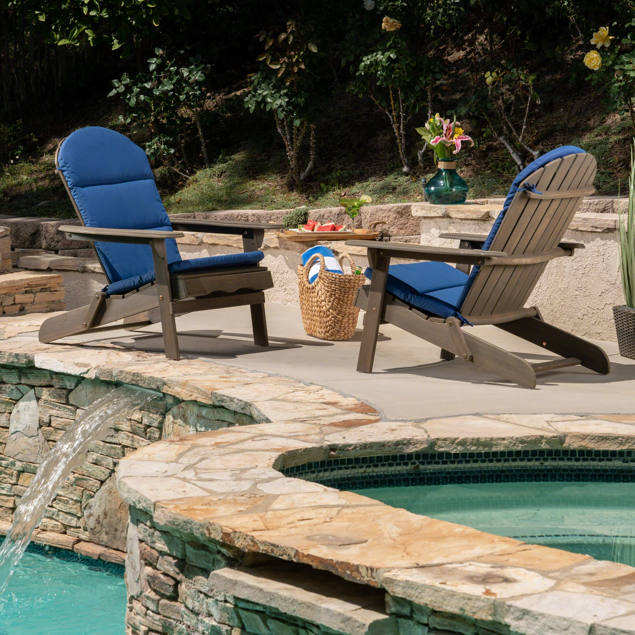 Amenda Outdoor Acacia Wood Folding Adirondack Chairs with Cushions - furnishings