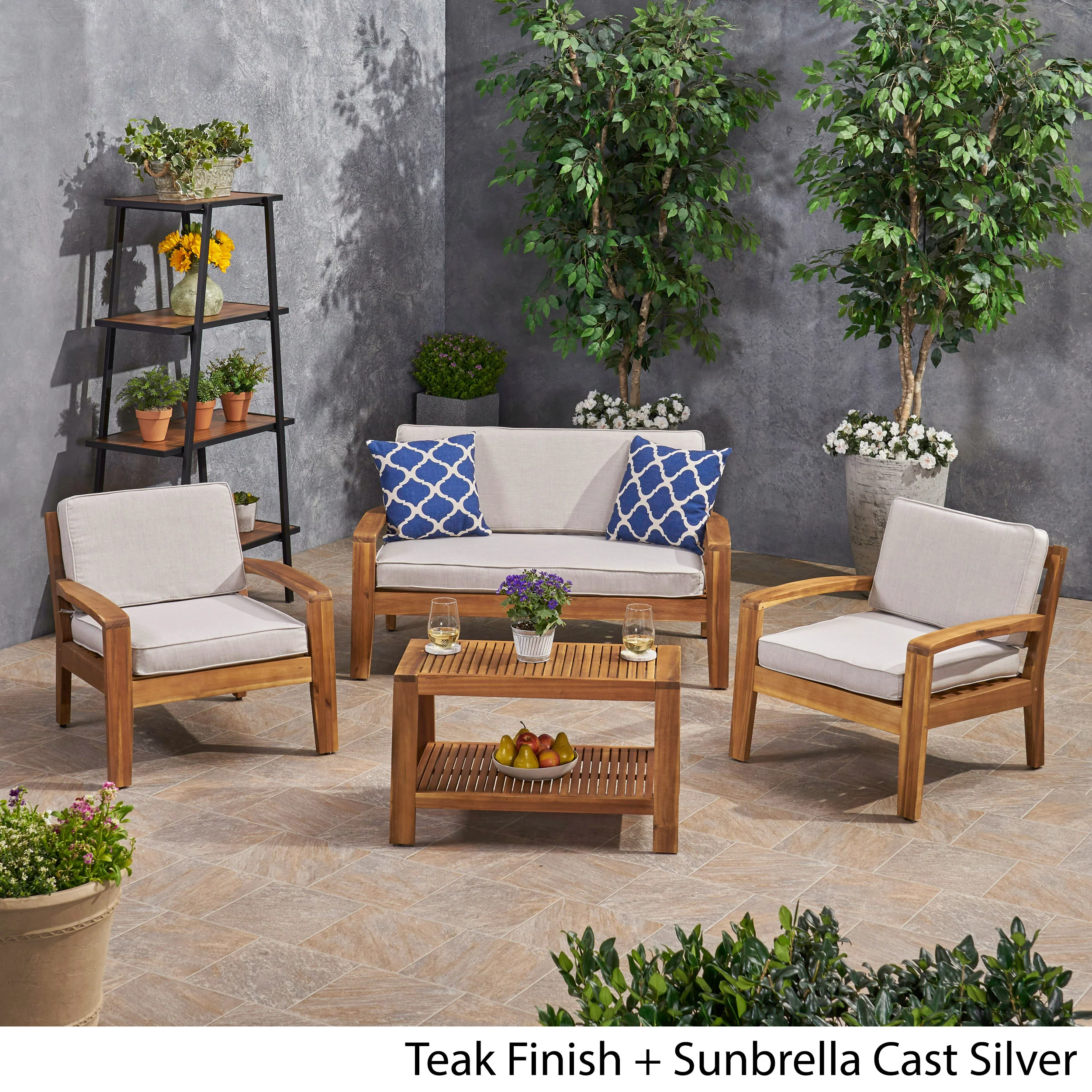 Parma Patio Acacia Wood 4-Seater Conversation Set with Coffee Table and Sunbrella Cushions - furnishings