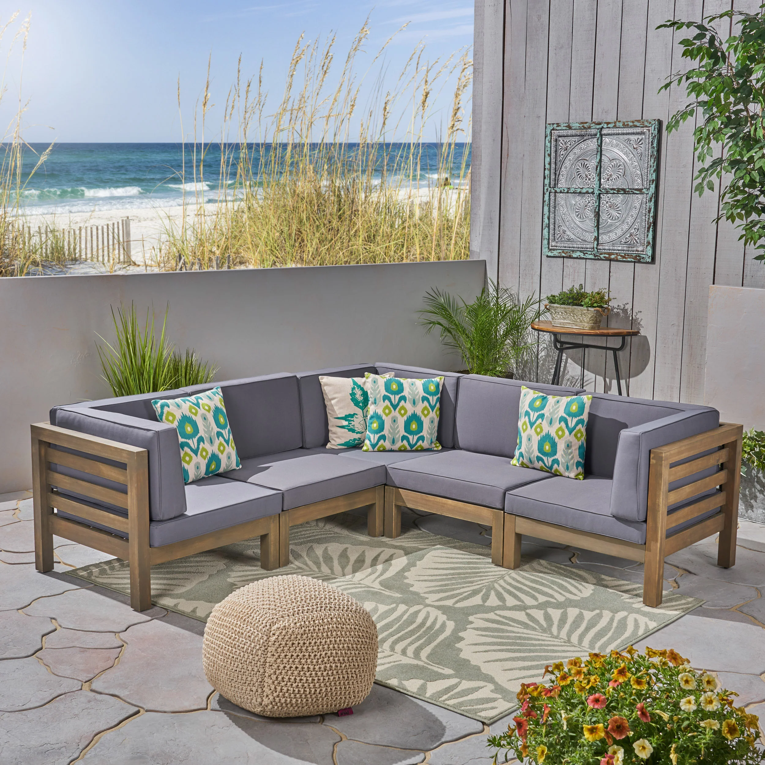 Dawson Outdoor V-Shaped Sectional Sofa Set - 5-Seater - Acacia Wood - Outdoor Cushions - furnishings