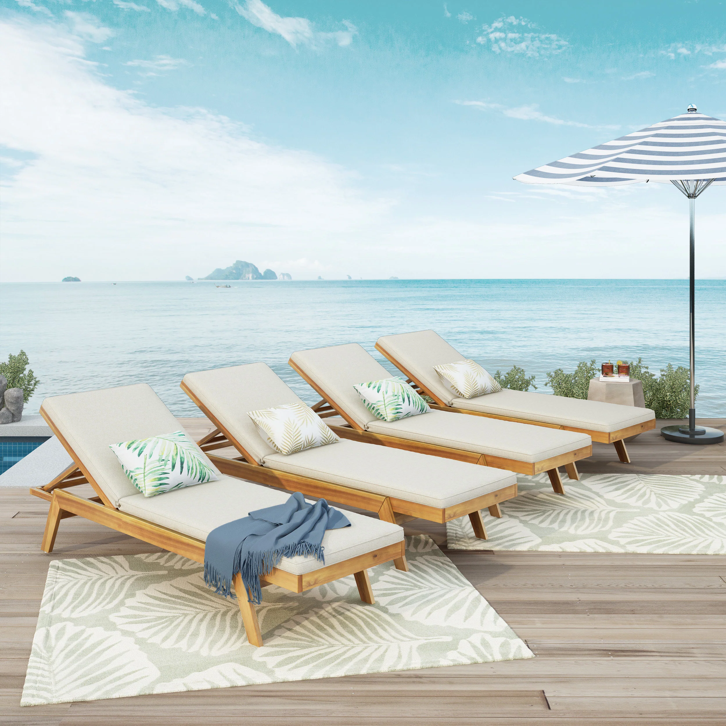 Larimore Outdoor Acacia Wood Chaise Lounge with Water Resistant Cushions, Set of 4 - furnishings