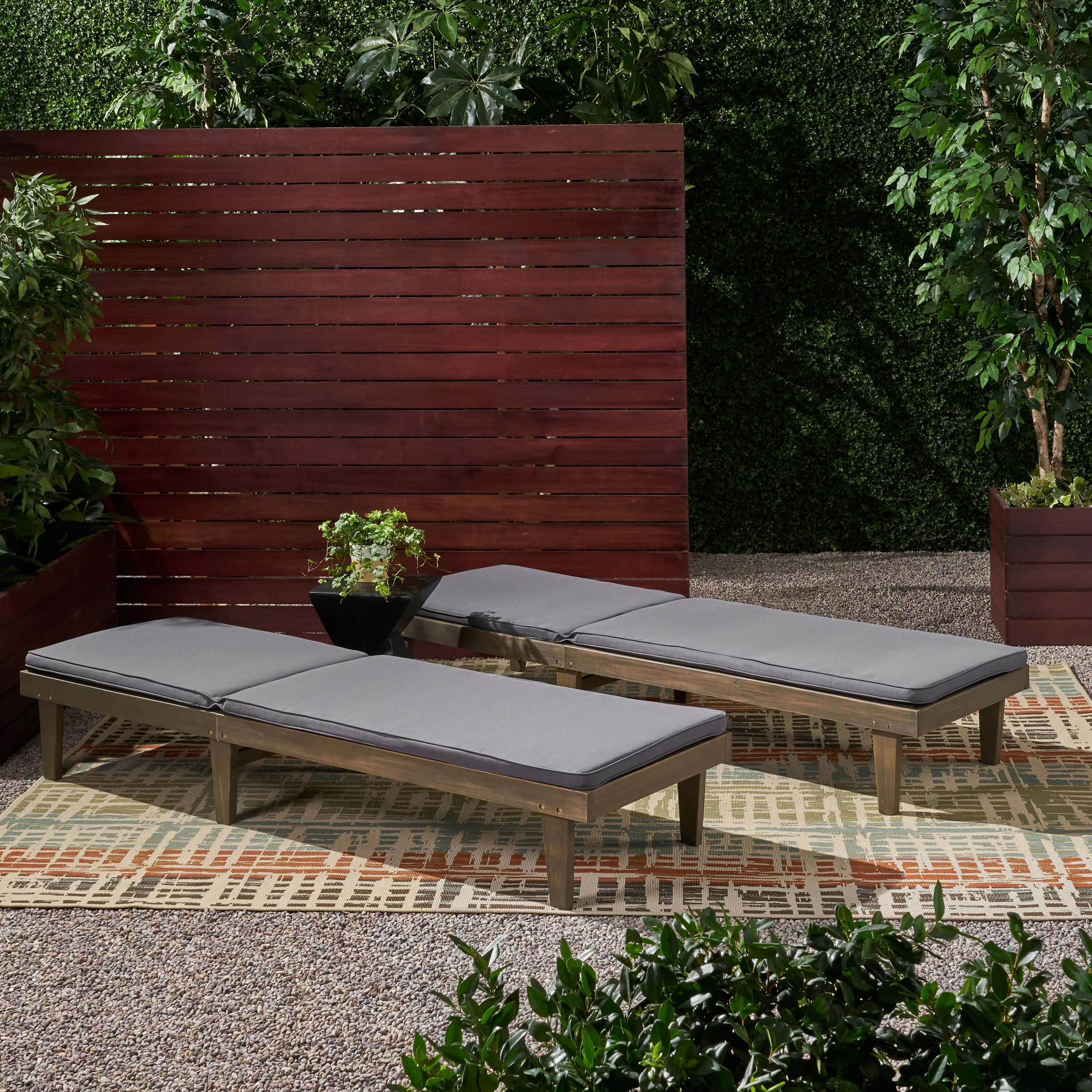 Nadine Outdoor Modern Acacia Wood Chaise Lounge with Cushion (Set of 2) - furnishings