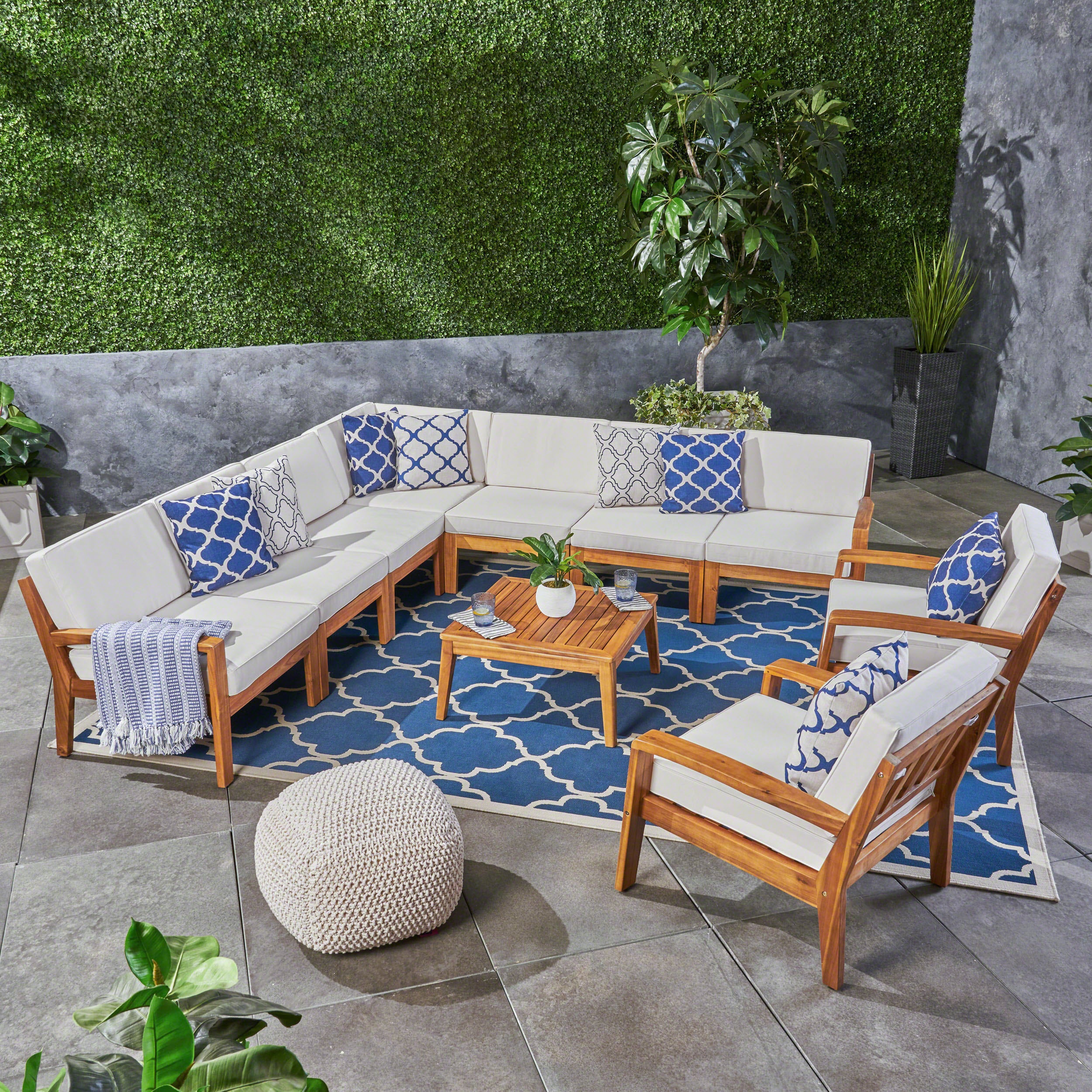 Madeline Outdoor Acacia Wood 9 Seater Sectional Sofa and Club Chair Set with Coffee Table - furnishings