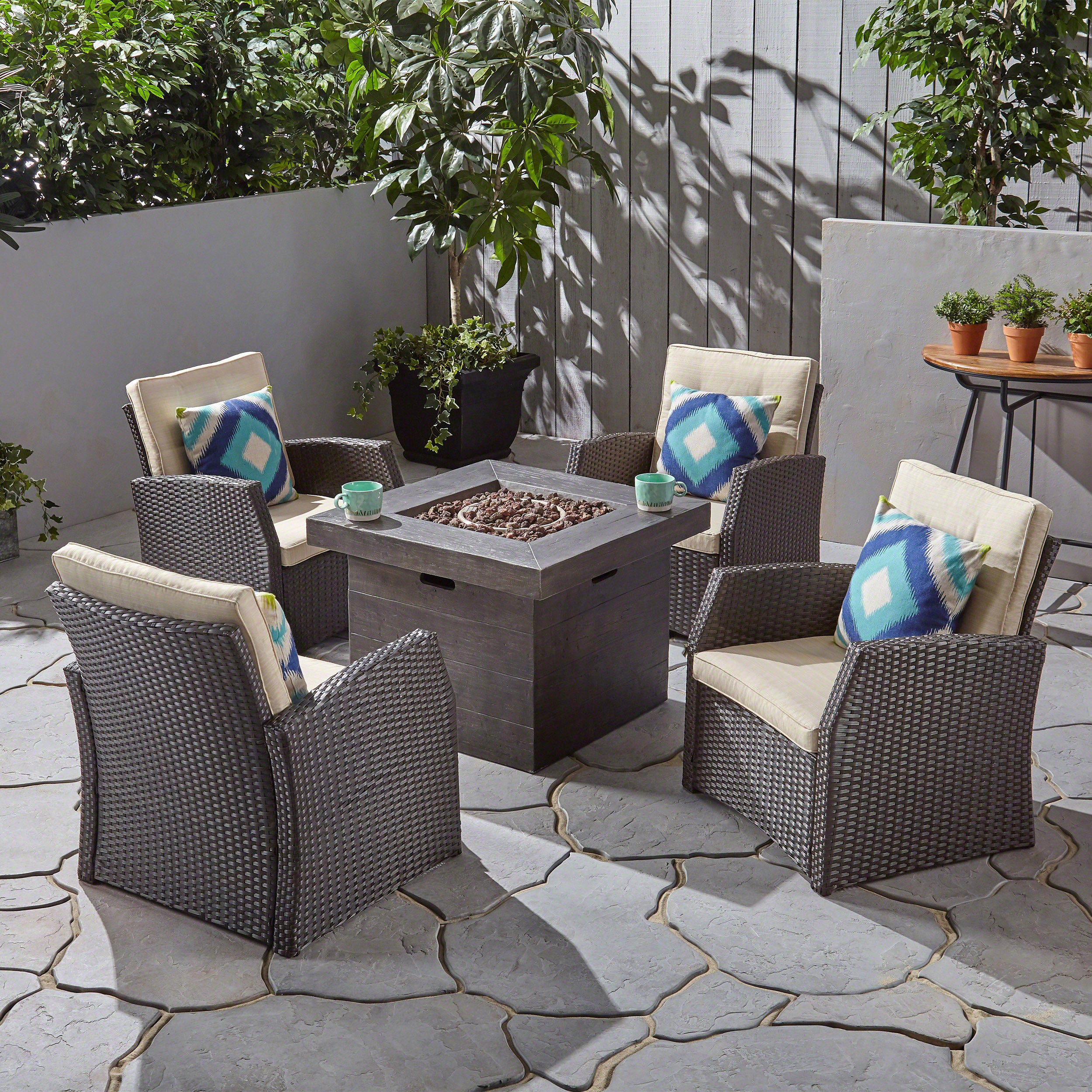 Ana Outdoor 4 Seater Wicker Chat Set with Fire Pit - furnishings