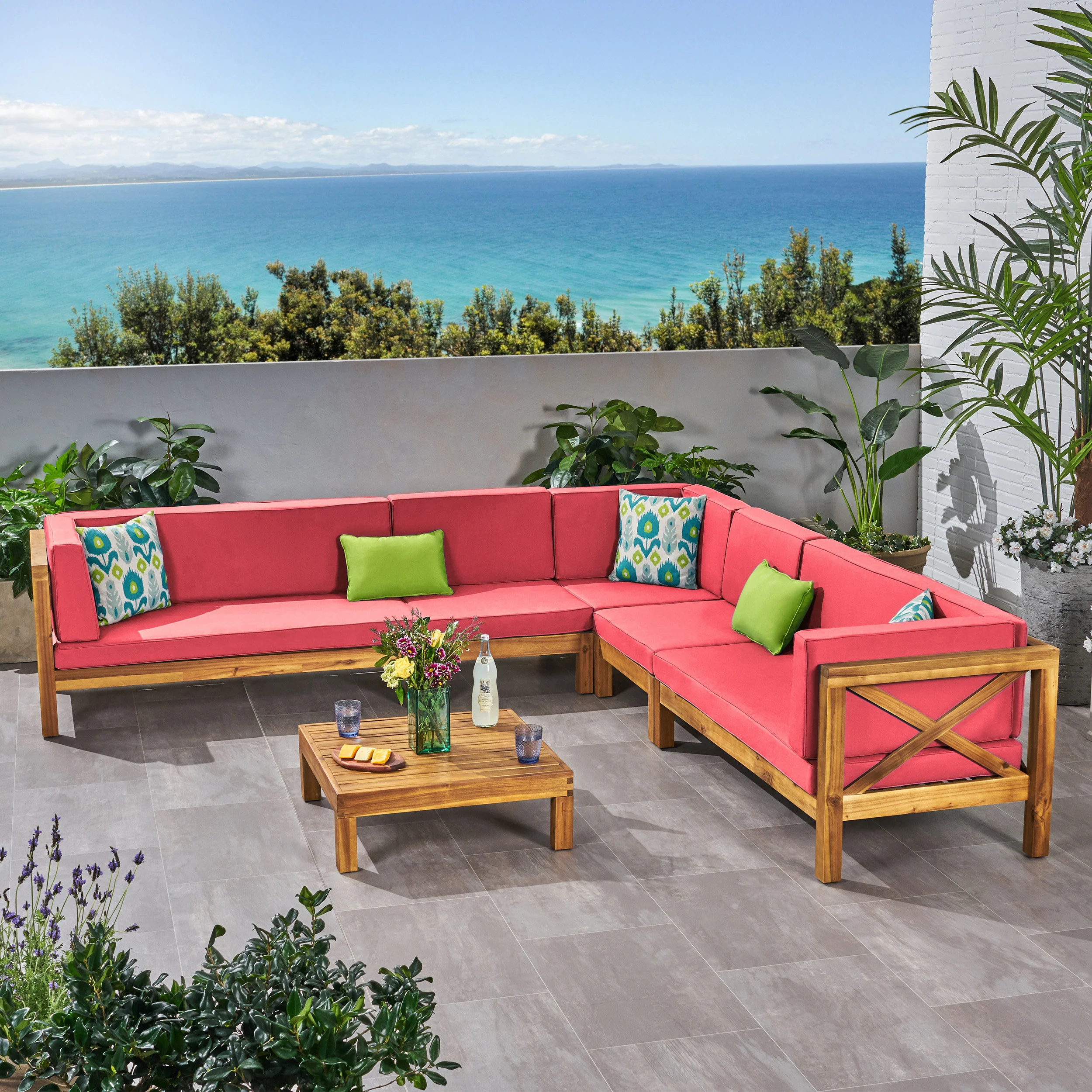 Cynthia Outdoor 7 Seater Acacia Wood Sectional Sofa Set - furnishings
