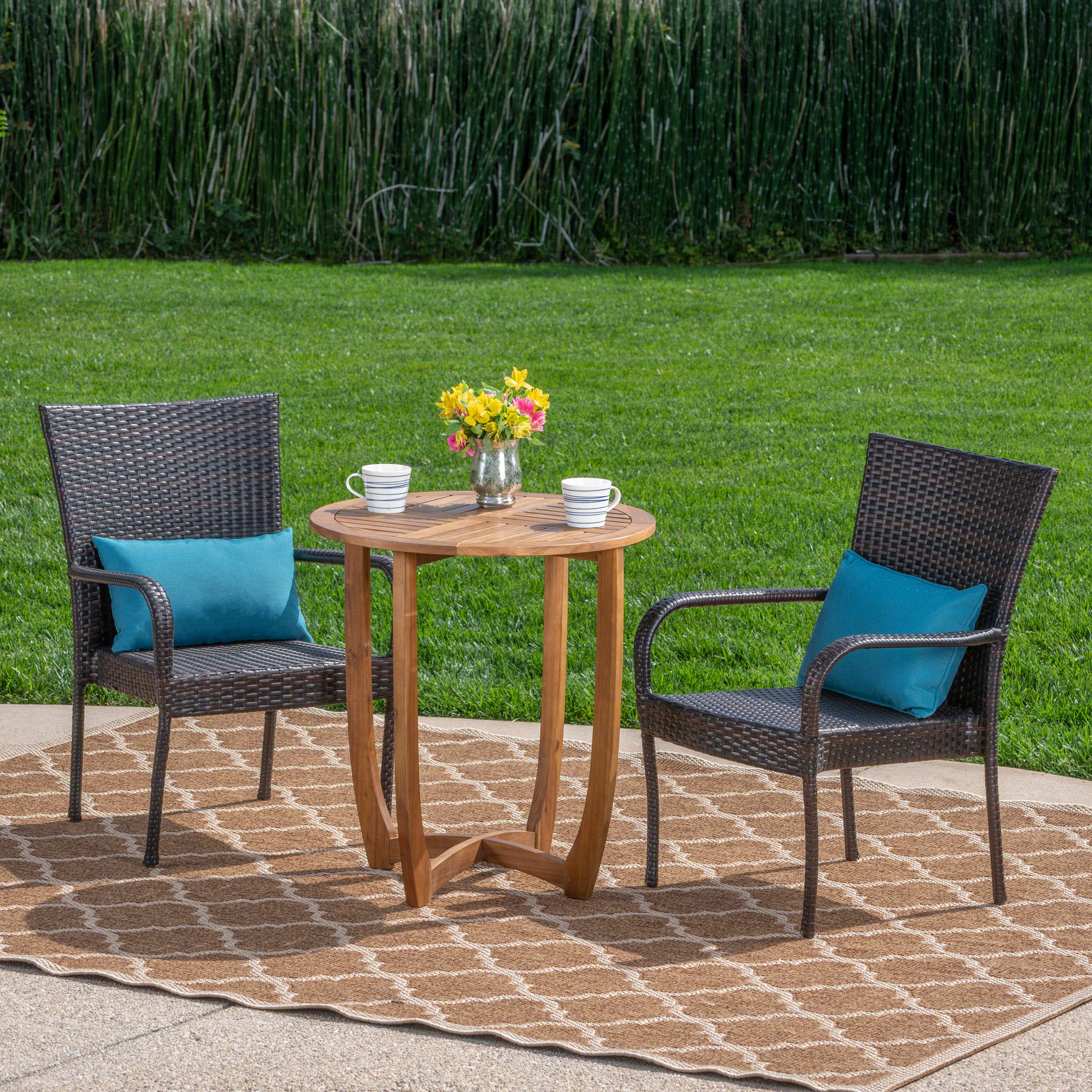 Michael Outdoor 3 Piece Acacia Wood/ Wicker Bistro Set, Teak Finish and Multibrown - furnishings