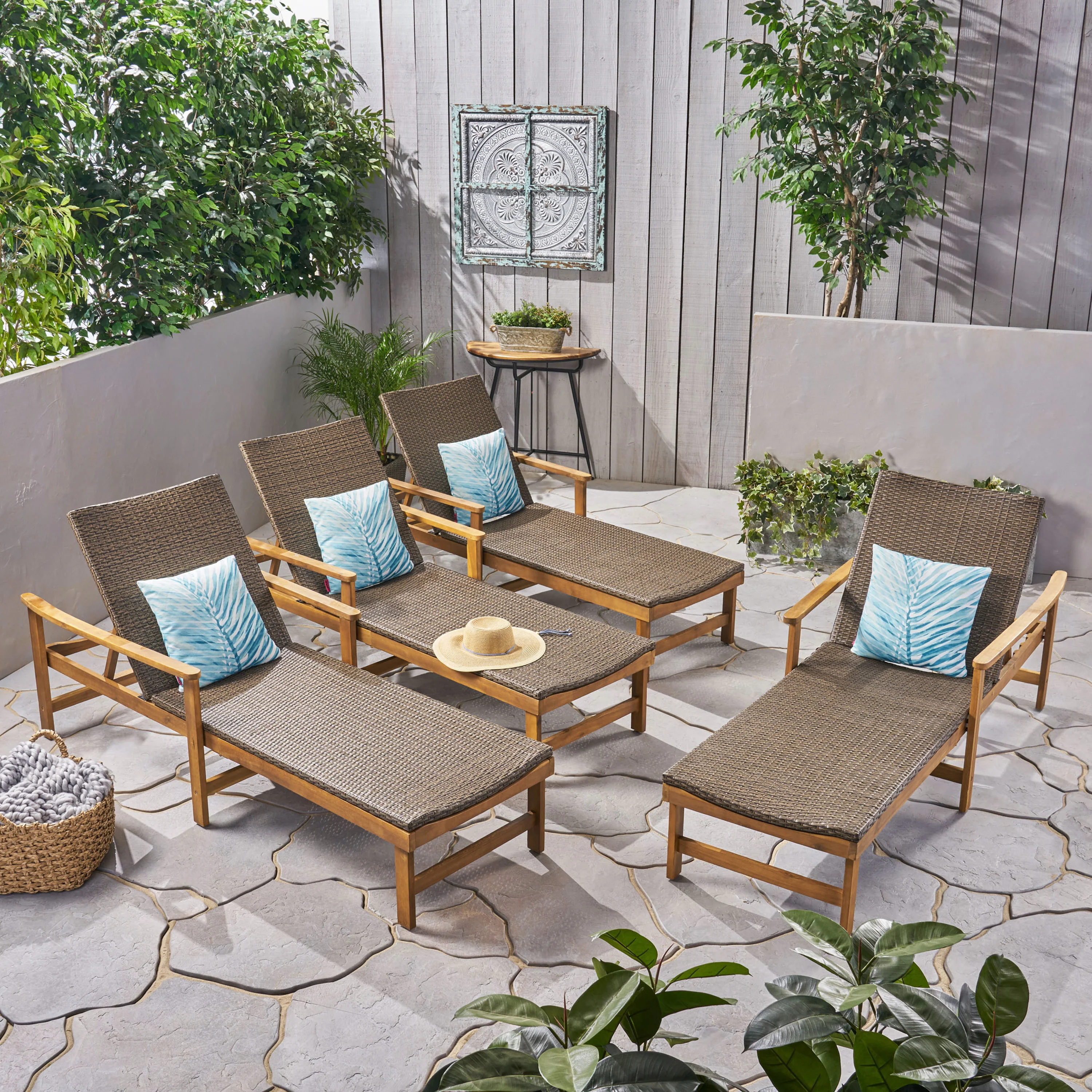 Kyle Outdoor Rustic Acacia Wood Chaise Lounge with Wicker Seating - furnishings