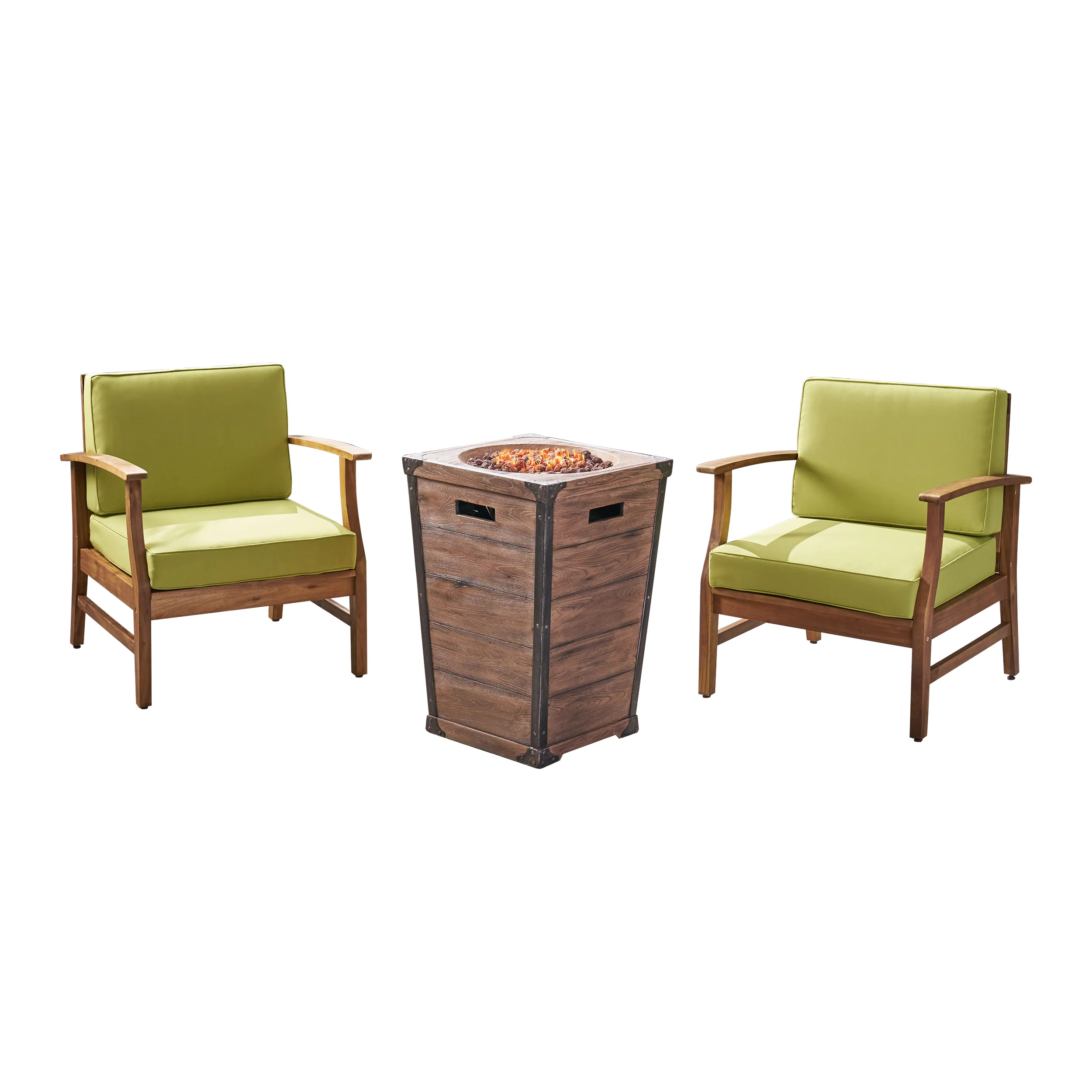 Capri Outdoor 2 Piece Acacia Wood Club Chair Set with Cushions and Fire Column - furnishings