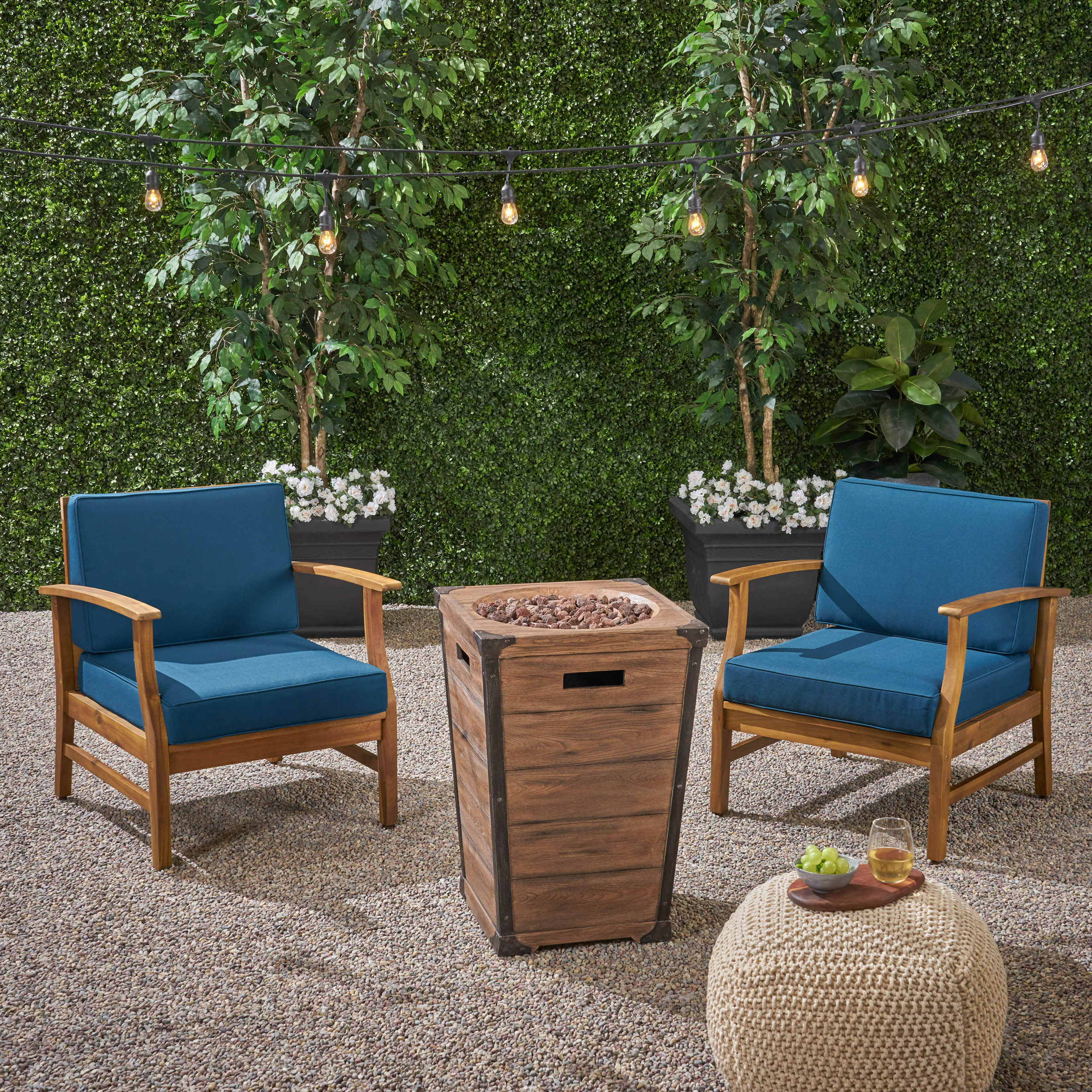 Capri Outdoor 2 Piece Acacia Wood Club Chair Set with Cushions and Fire Column - furnishings