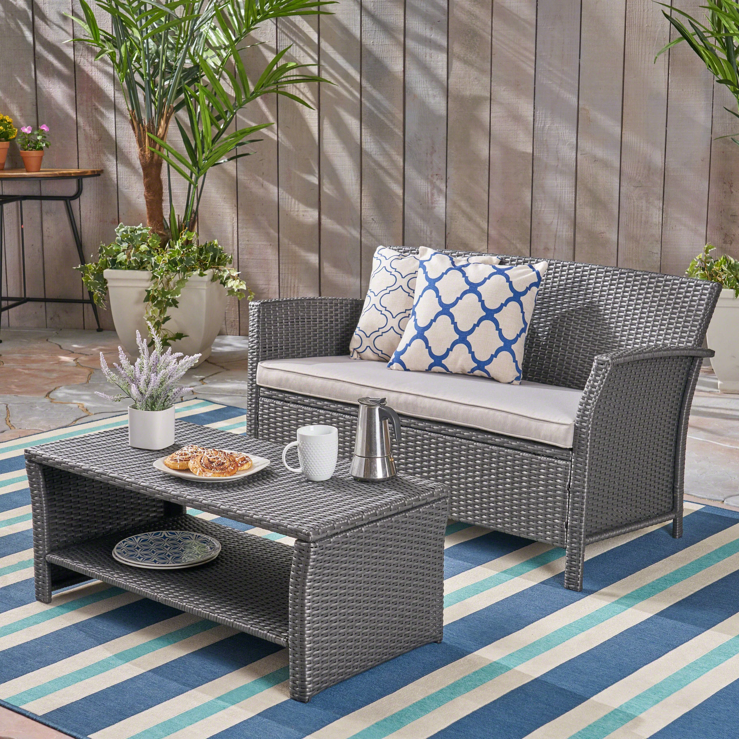 Lucia Outdoor Wicker Loveseat with Coffee Table - furnishings