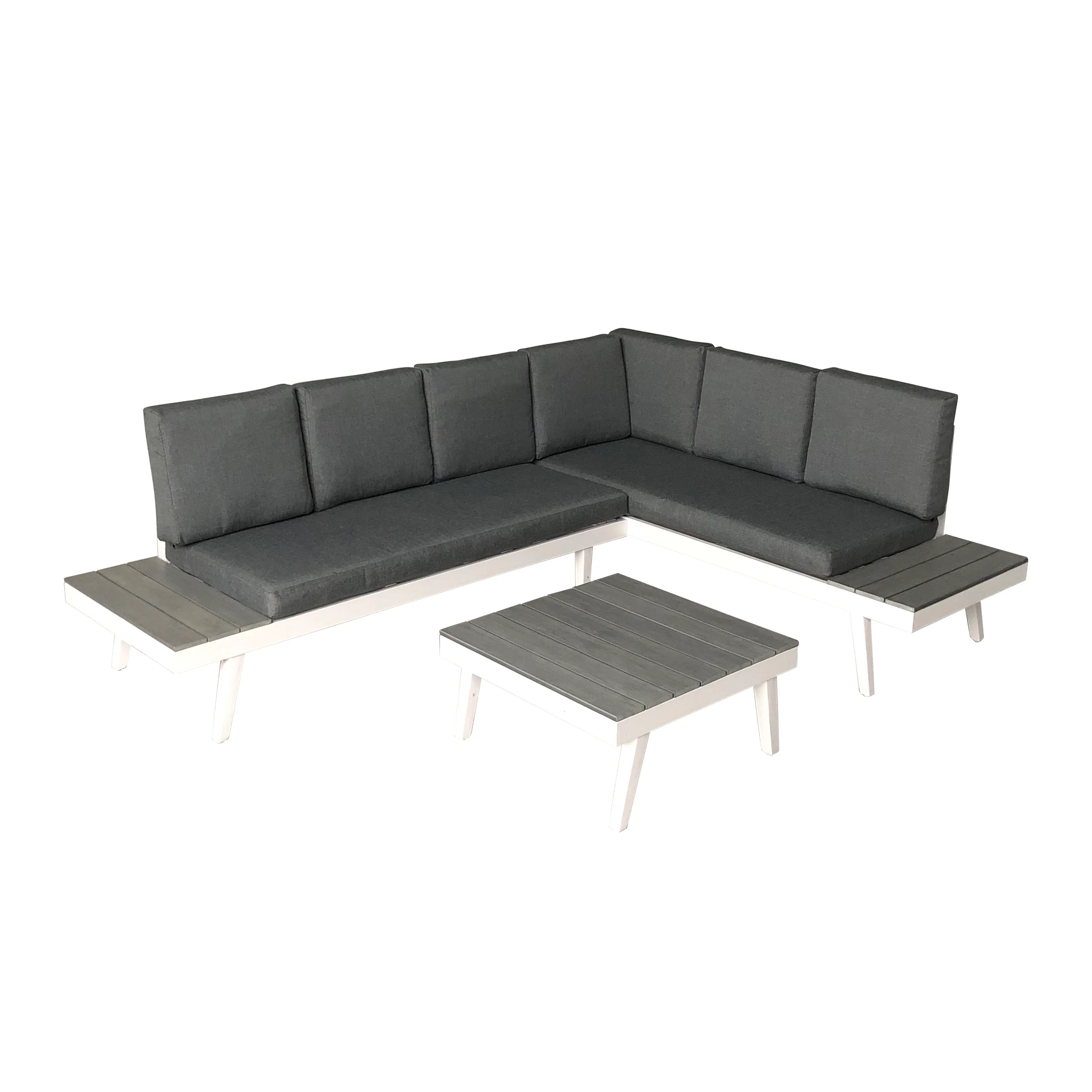 Taylor Outdoor Aluminum Sofa Sectional with Faux Wood Accents, White and Gray - furnishings