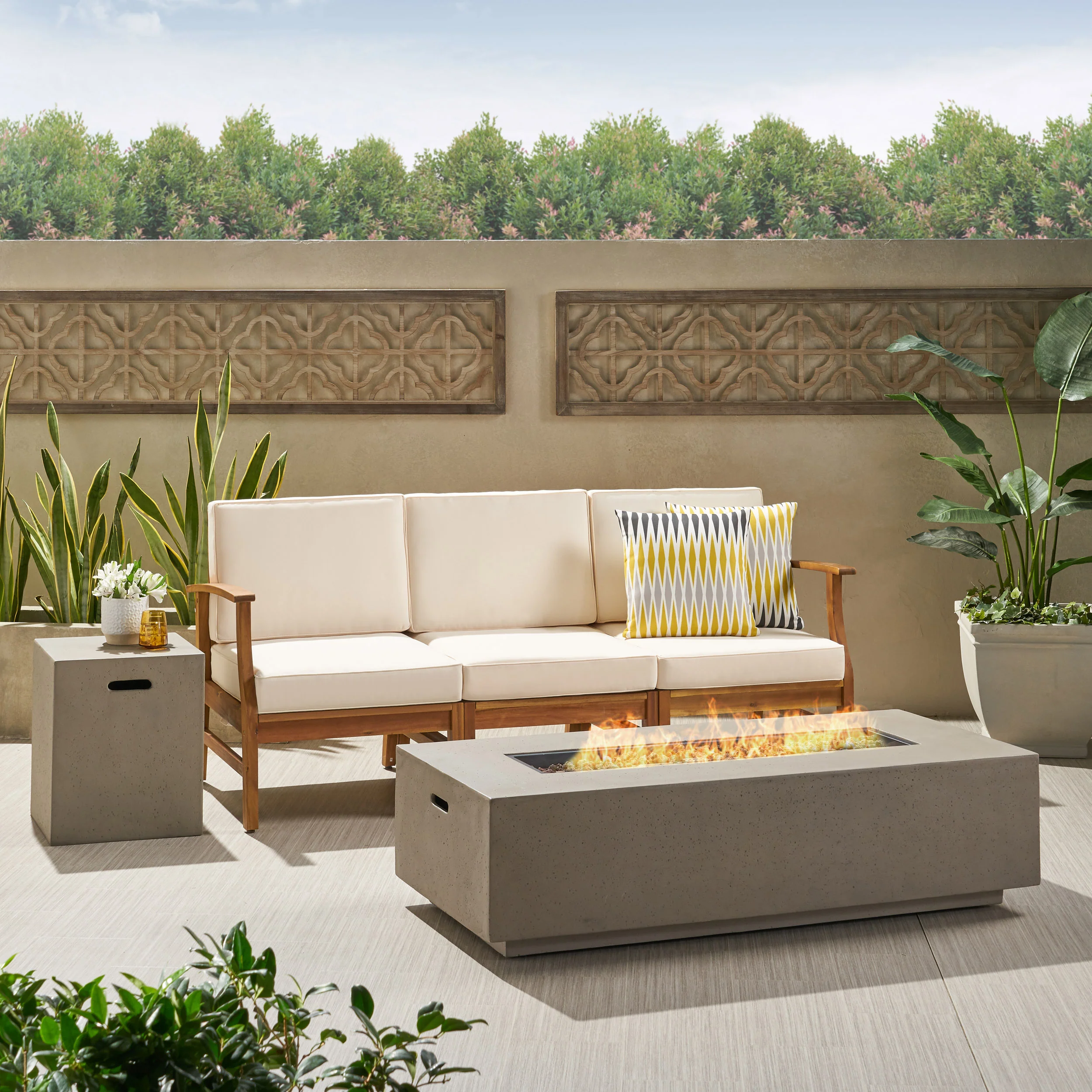 Capri Outdoor 3 Seater Wood Fire Pit Sofa Set - furnishings
