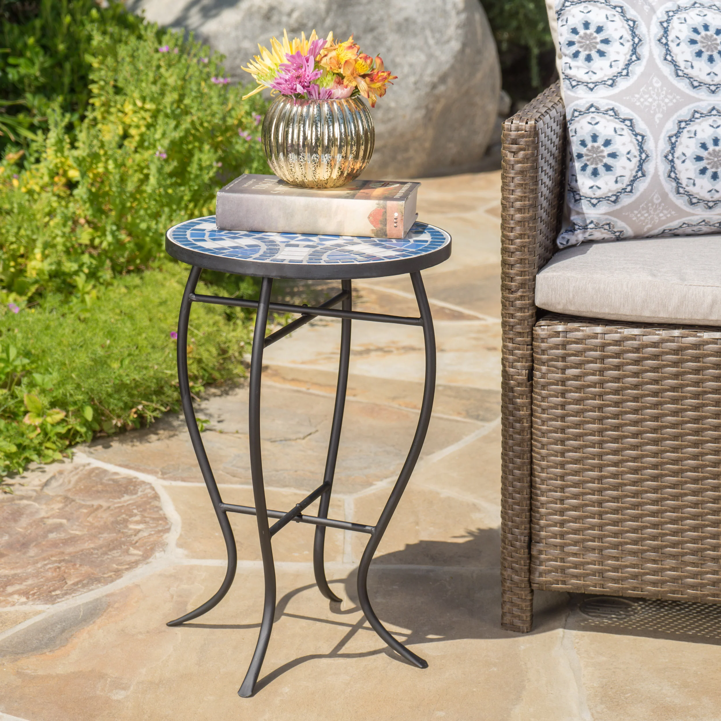 Harington Outdoor Blue & White Ceramic Tile Iron Frame Side Table - furnishings