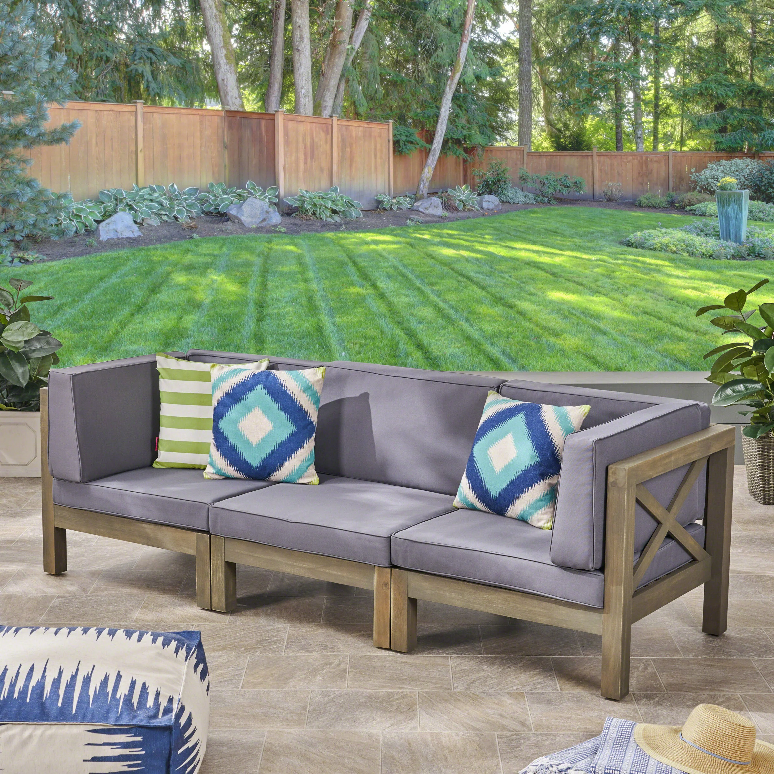 Keith Outdoor Sectional Sofa Set  3-Seater  Acacia Wood  Water-Resistant Cushions - furnishings
