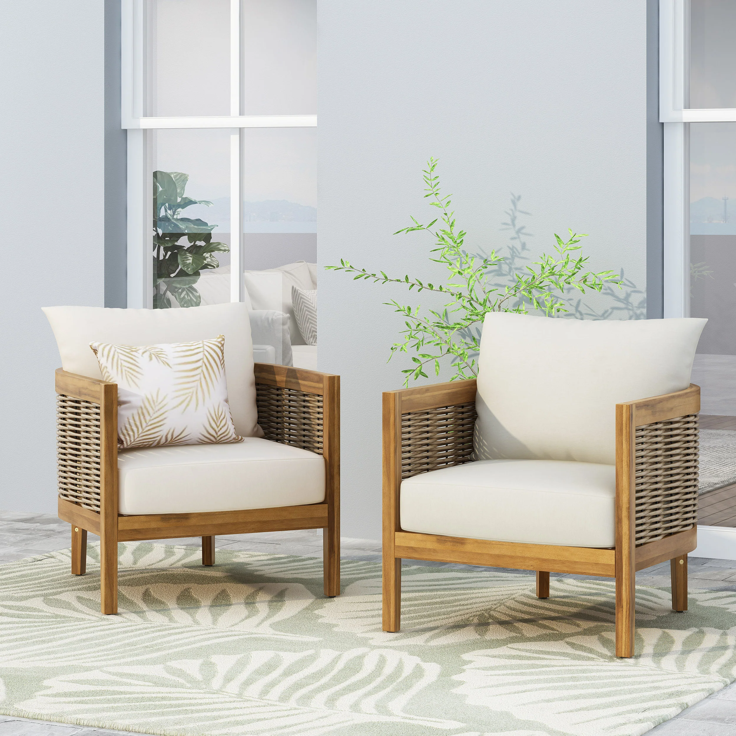 The Crowne Collection Outdoor Acacia Wood Club Chairs with Cushions, Set of 2 - furnishings