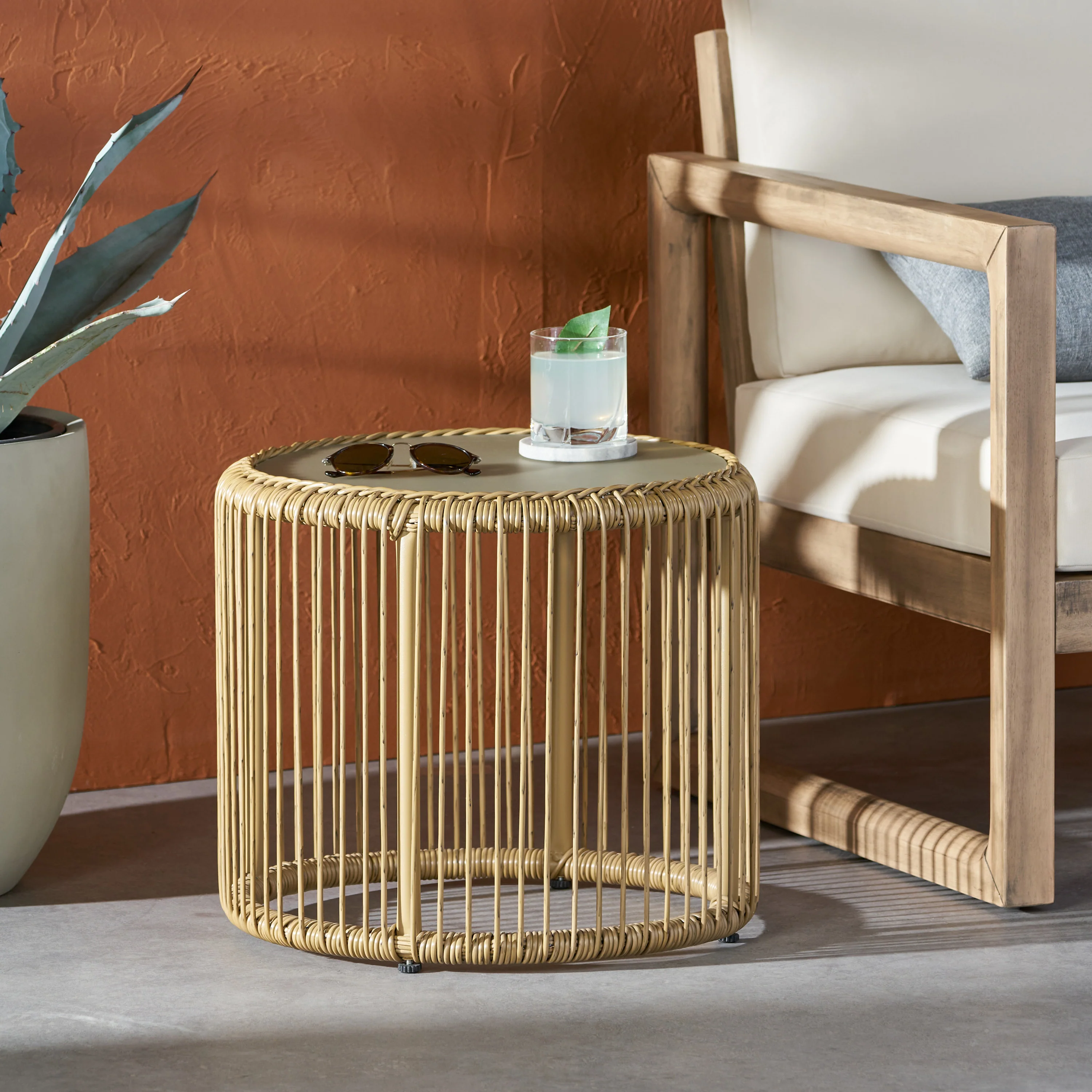 Averyrose Outdoor Wicker Side Table with Tempered Glass Top - furnishings