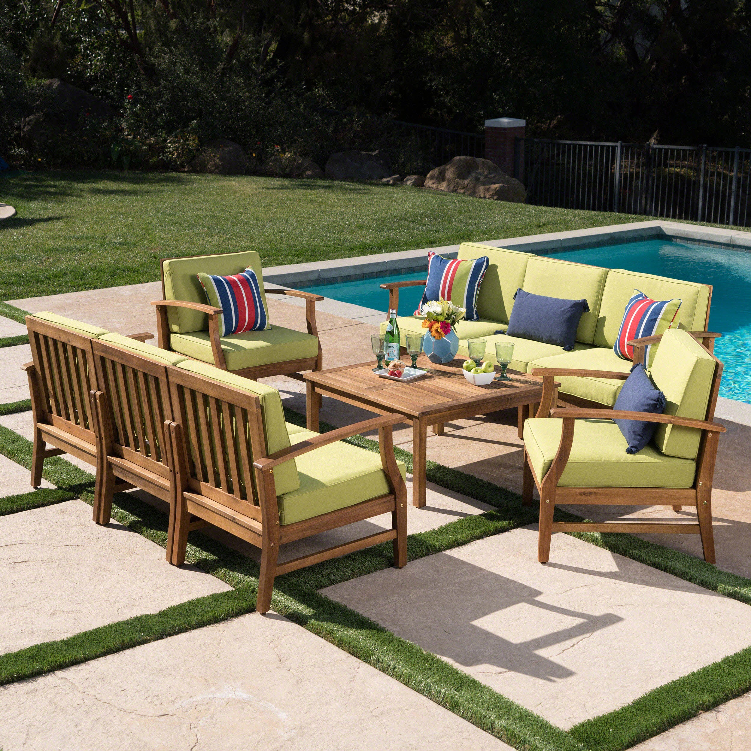 Scarlett Outdoor 8 Seat Teak Finished Acacia Wood Sofa and Table Set - furnishings