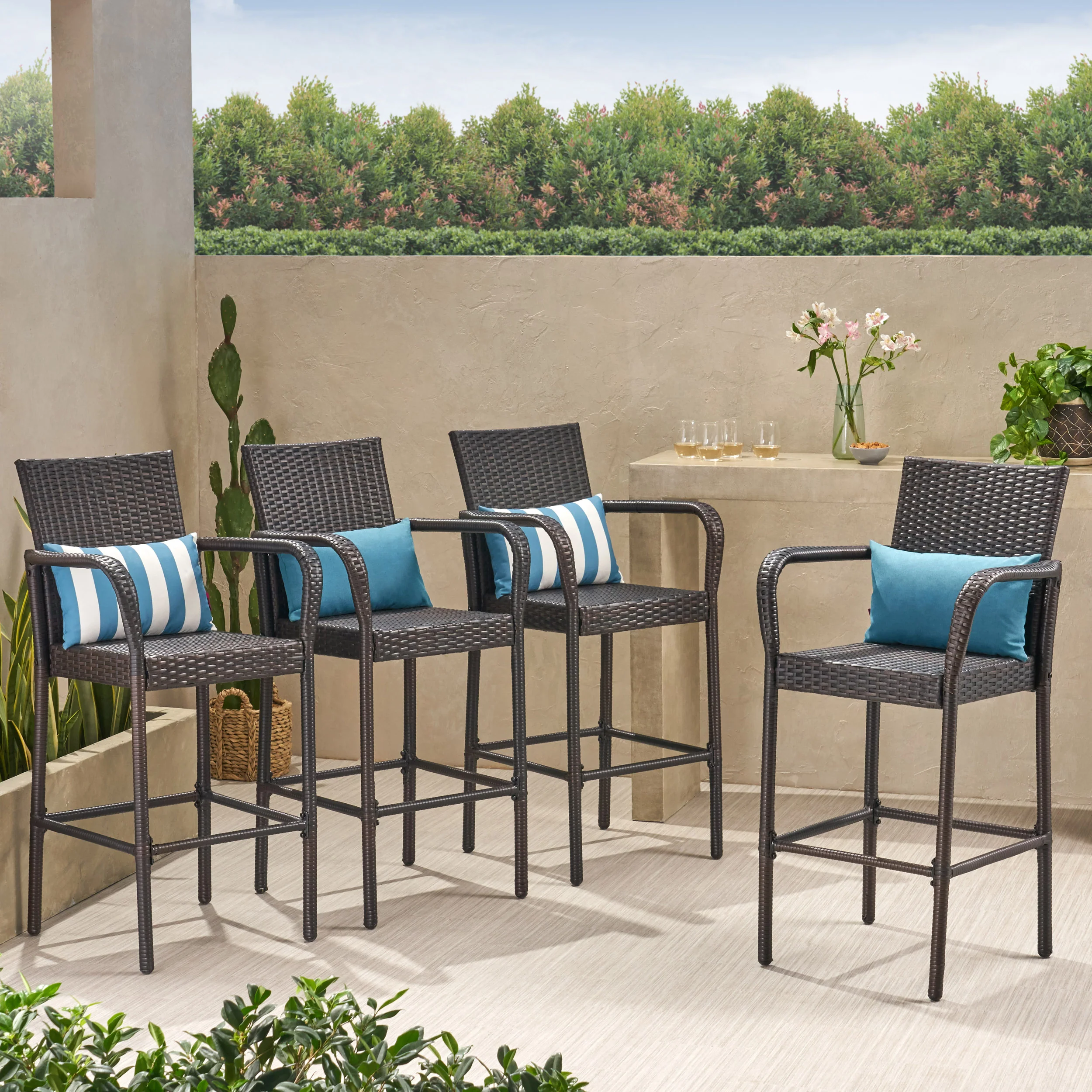 Stewart 30-Inch Outdoor Brown Wicker Barstool (Set of 4) - furnishings