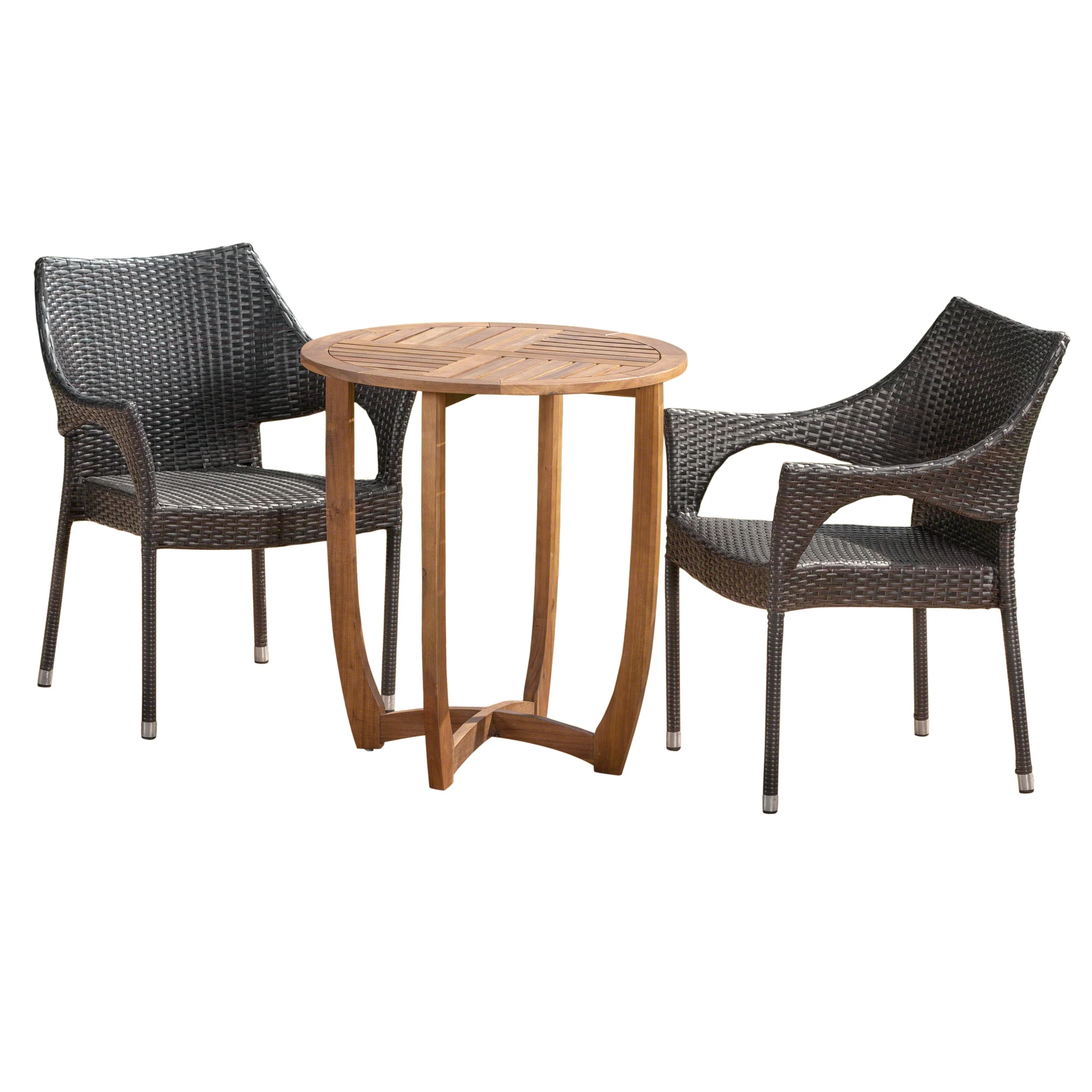 Ethan Outdoor 3 Piece  Acacia Wood/ Wicker Bistro Set, Teak Finish and Multibrown - furnishings