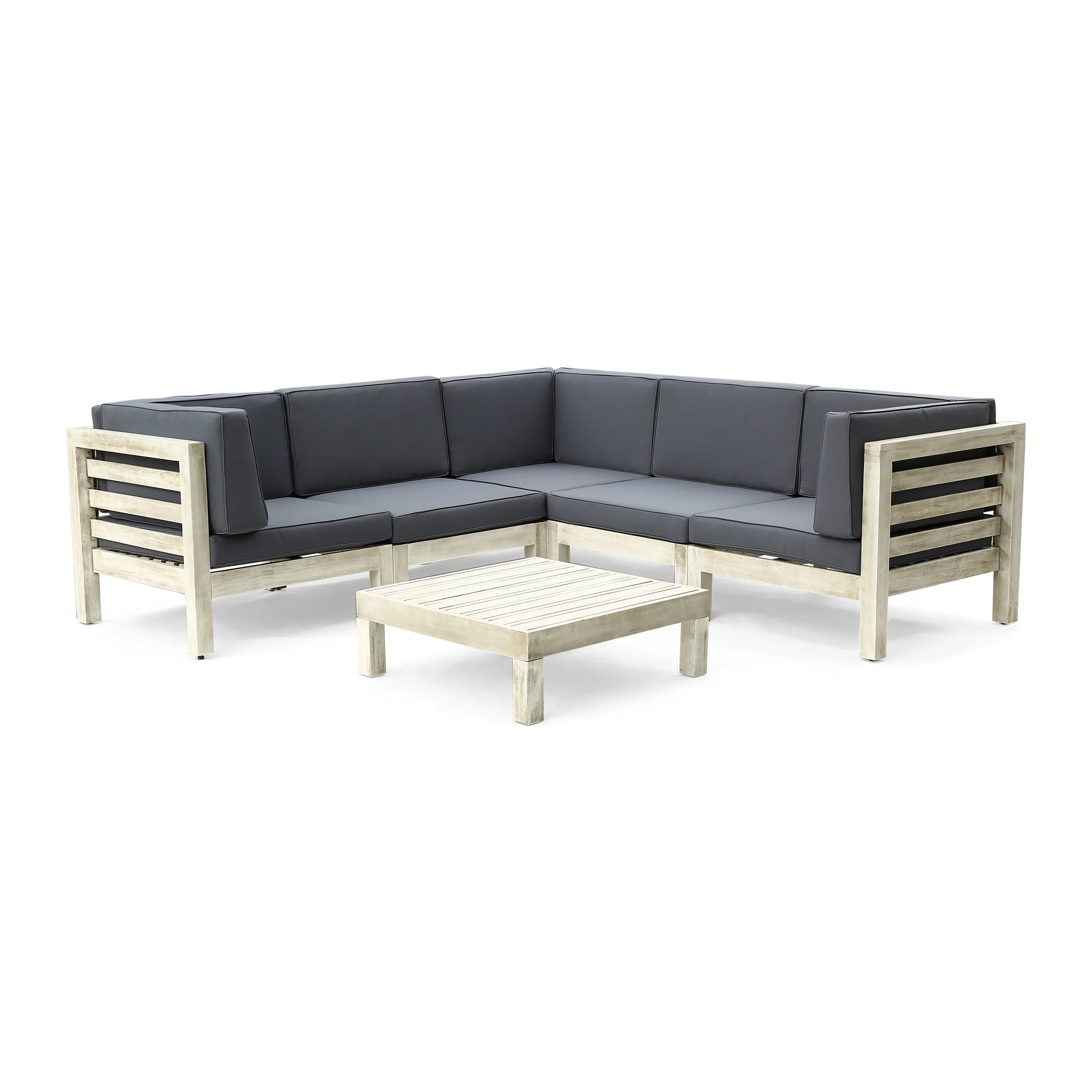 Dawson Outdoor V-Shaped Sectional Sofa Set with Coffee Table - 6-Piece 5-Seater - Acacia Wood - Outdoor Cushions - Weathered Gray and Dark Gray - furnishings