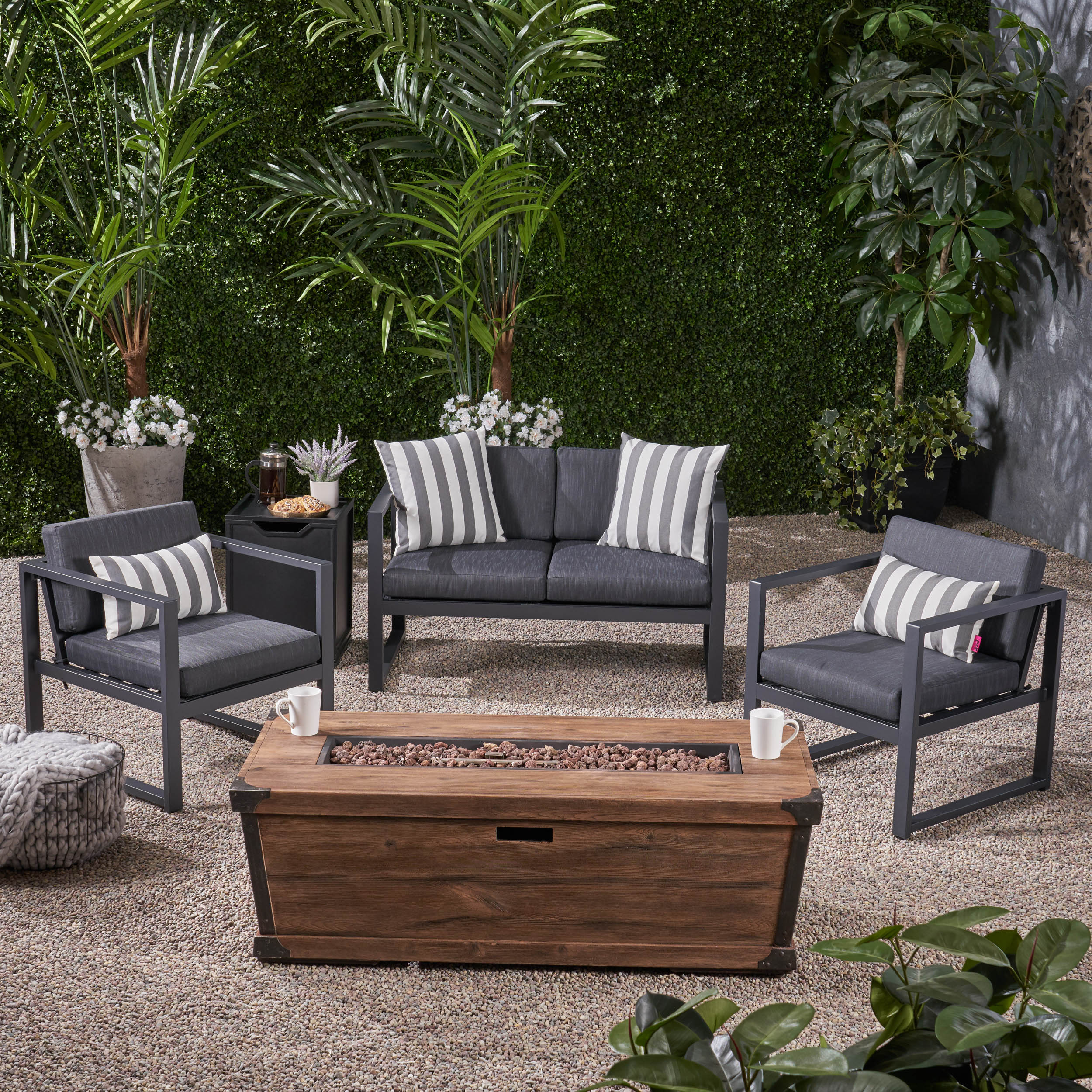 Miraclle Outdoor 3 Piece Aluminum Chat Set with Cushions and Fire Pit - furnishings