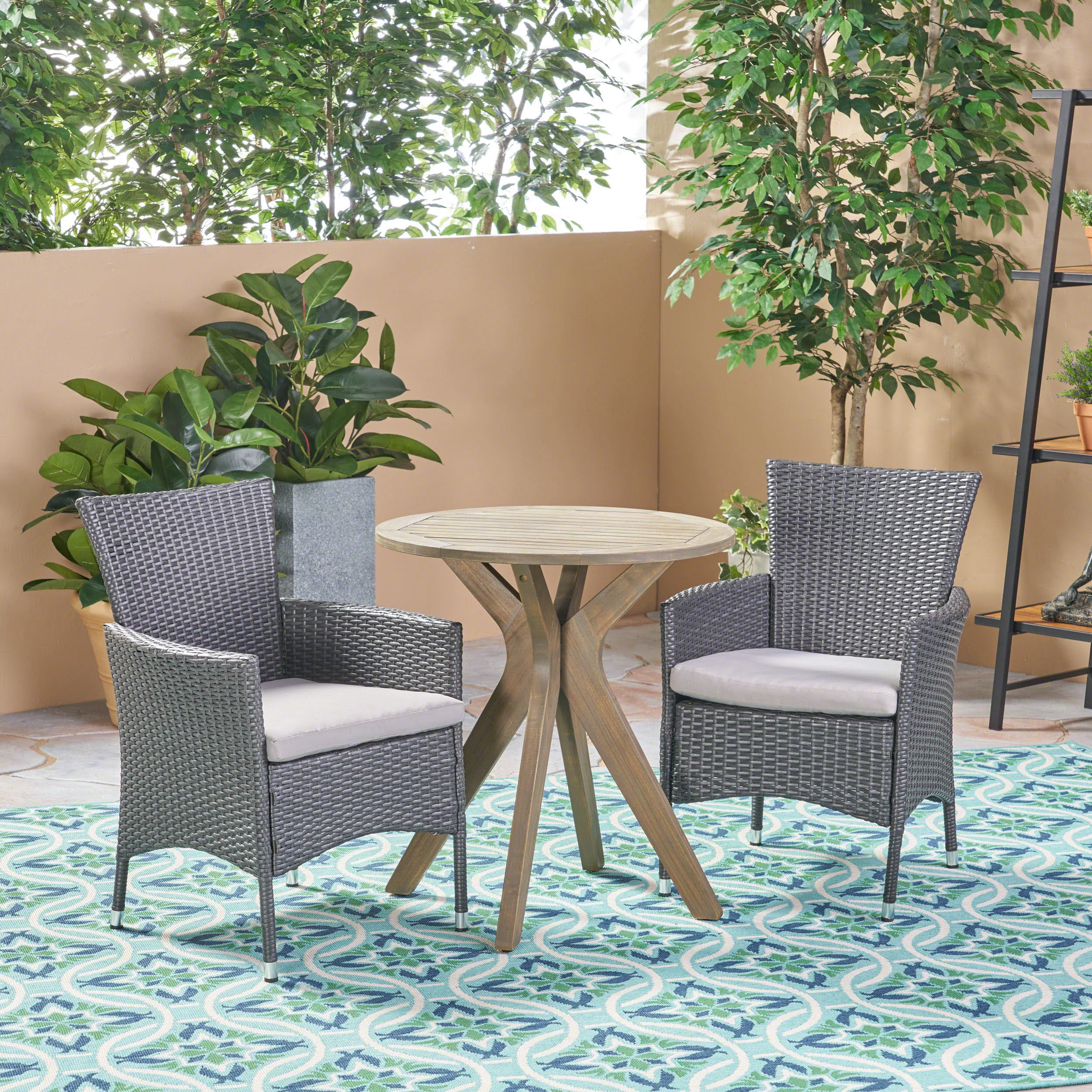 Poe Outdoor 3 Piece Acacia Wood and Wicker Bistro Set - furnishings