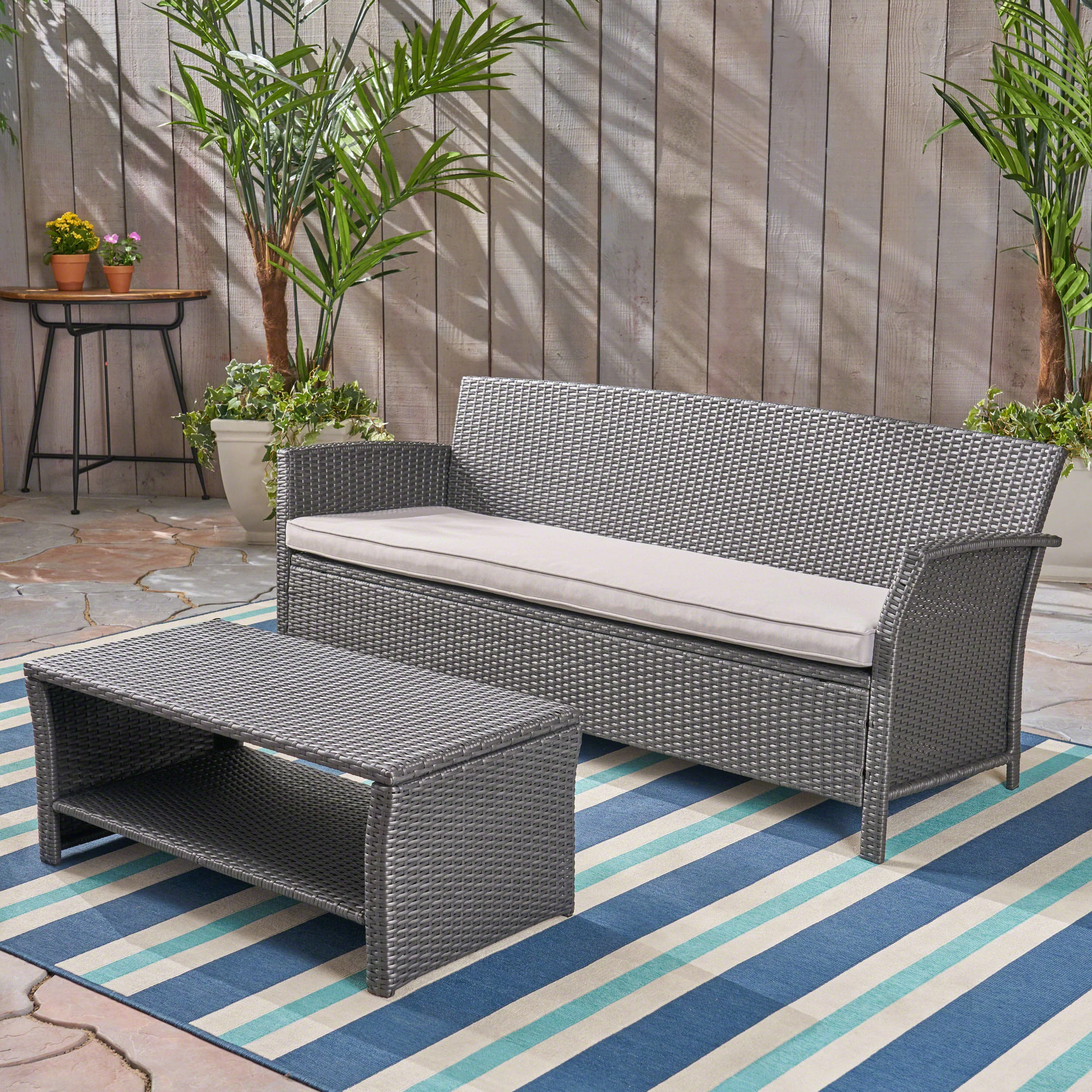 Laiah Outdoor Wicker 3-Seater Sofa with Coffee Table - furnishings