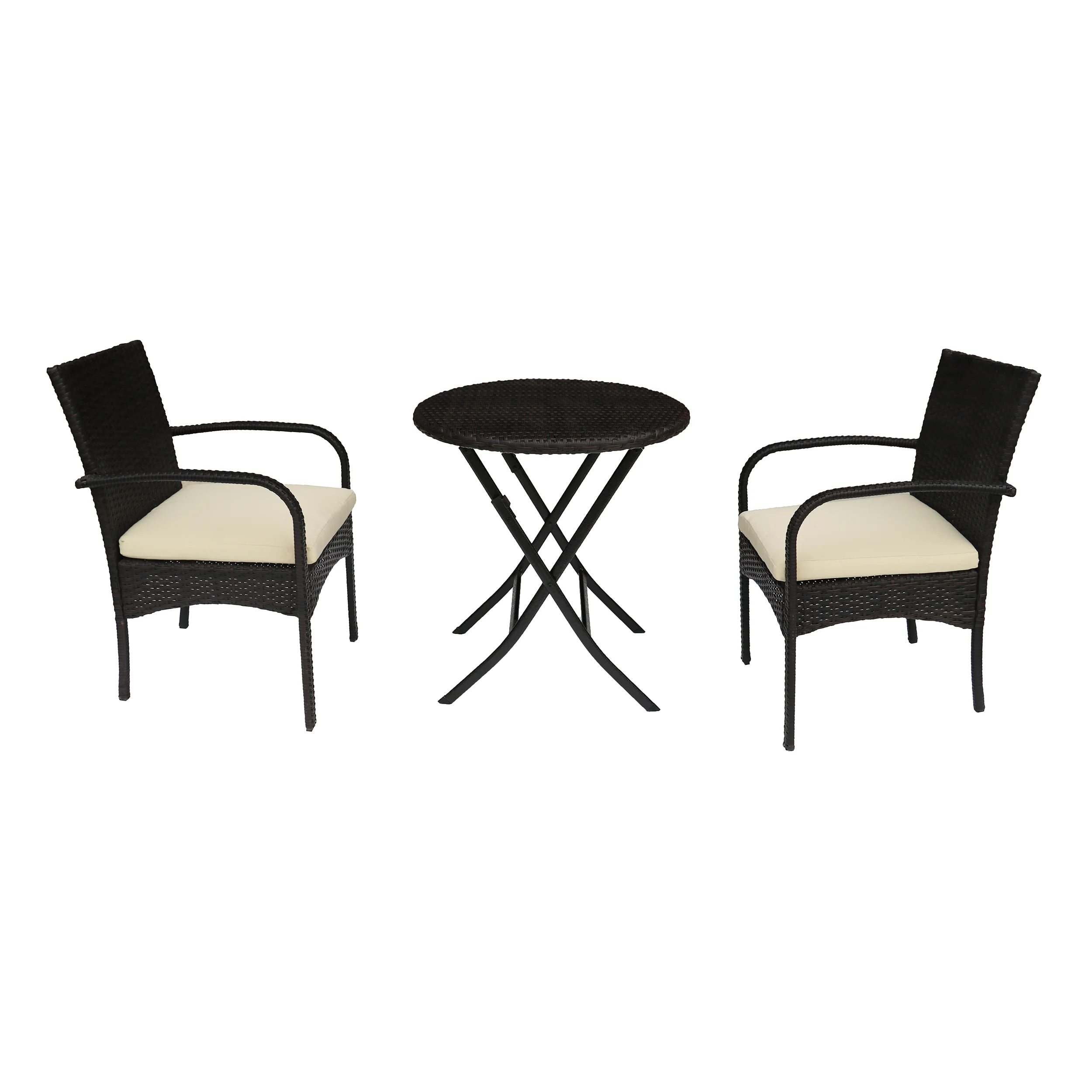 Kevin Outdoor 3 Piece Wicker Bistro Set, Multi Brown with Cream Cushion - furnishings