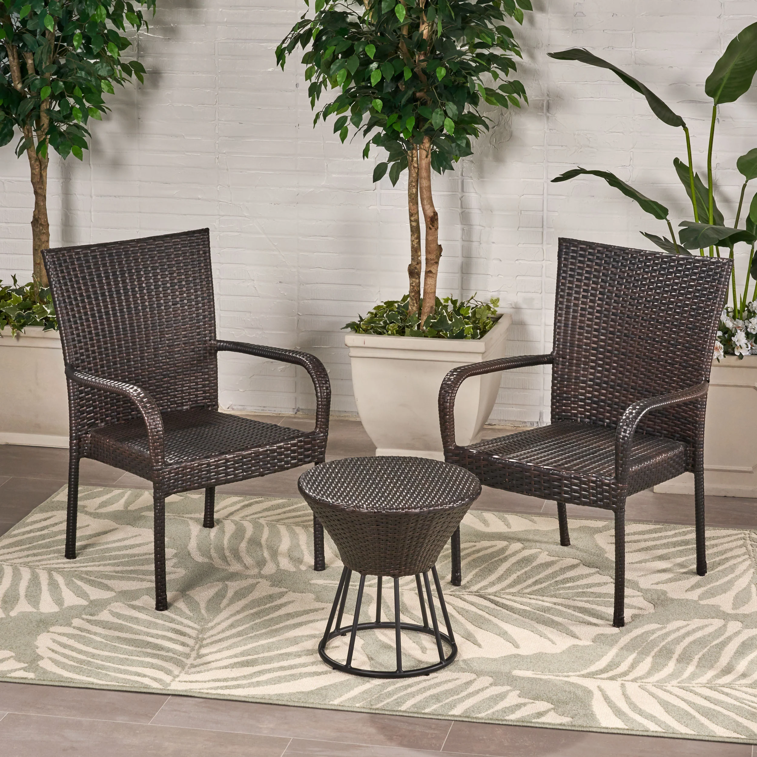 Parham Outdoor 3 Piece Multi-brown Wicker Stacking Chair Chat Set - furnishings