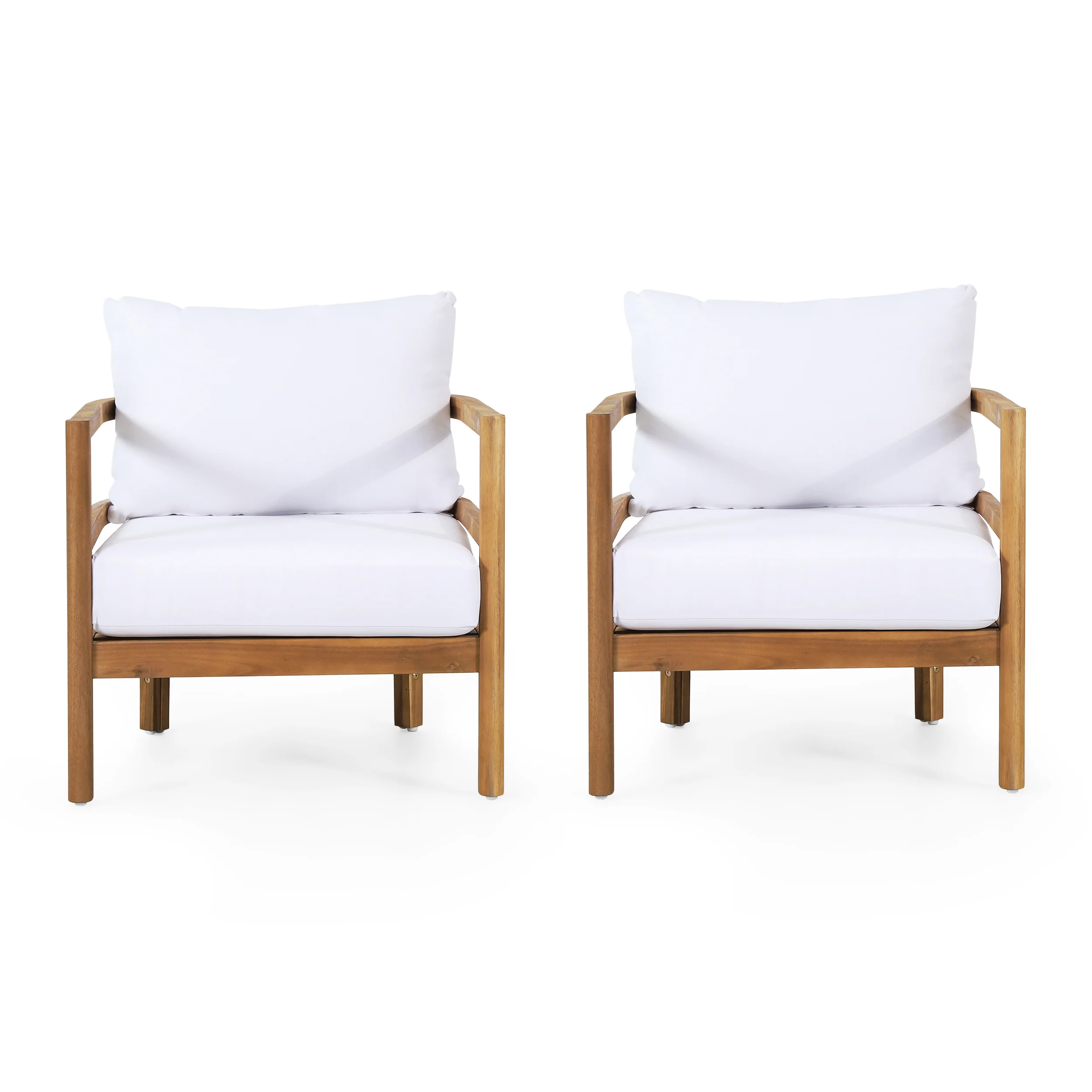 Aggie Outdoor Acacia Wood Club Chair with Cushion, Set of 2, Teak and White - furnishings
