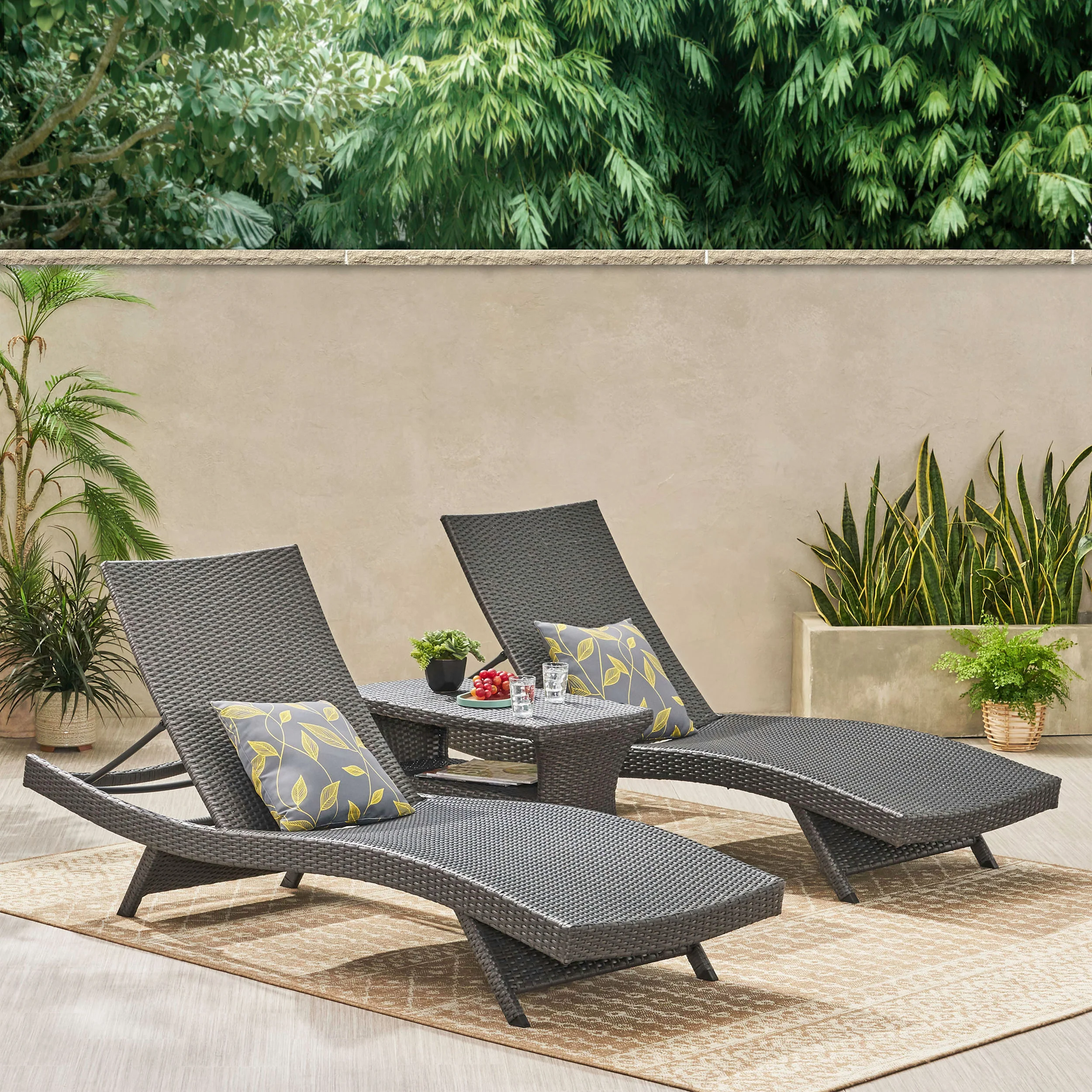Lakeport Outdoor 3 Piece Grey Wicker Chaise Lounge Set with Table - furnishings