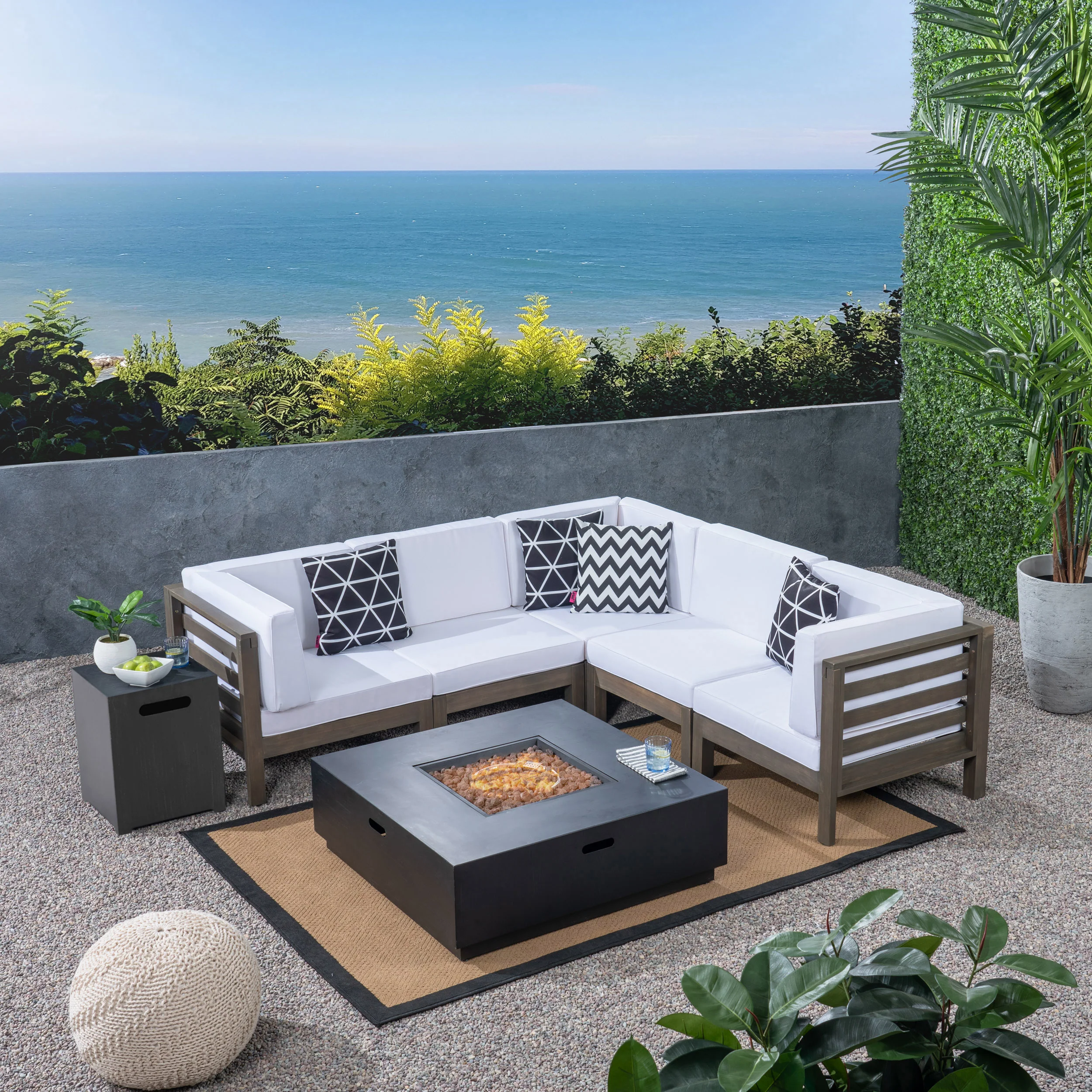 Krystin Outdoor 7 Piece V-Shaped Acacia Wood Sectional Sofa Set with Fire Pit and Outdoor Cushions - furnishings