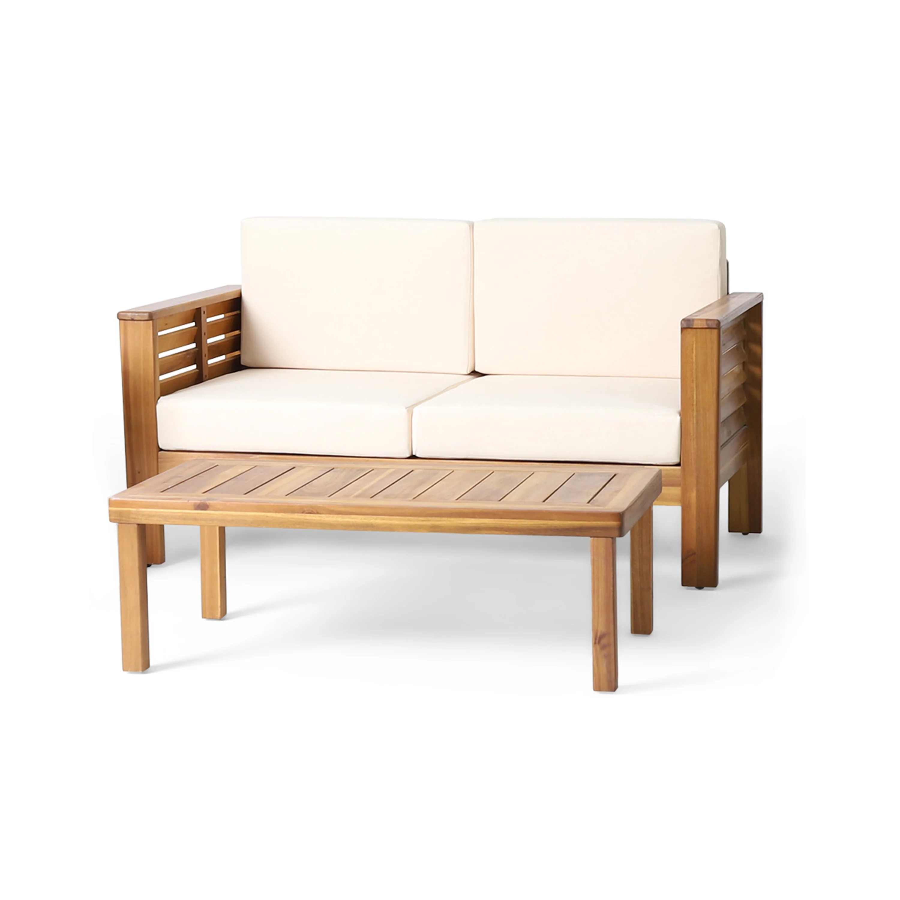 Rabun Outdoor Acacia Wood Loveseat and Coffee Table Set with Cushions - furnishings