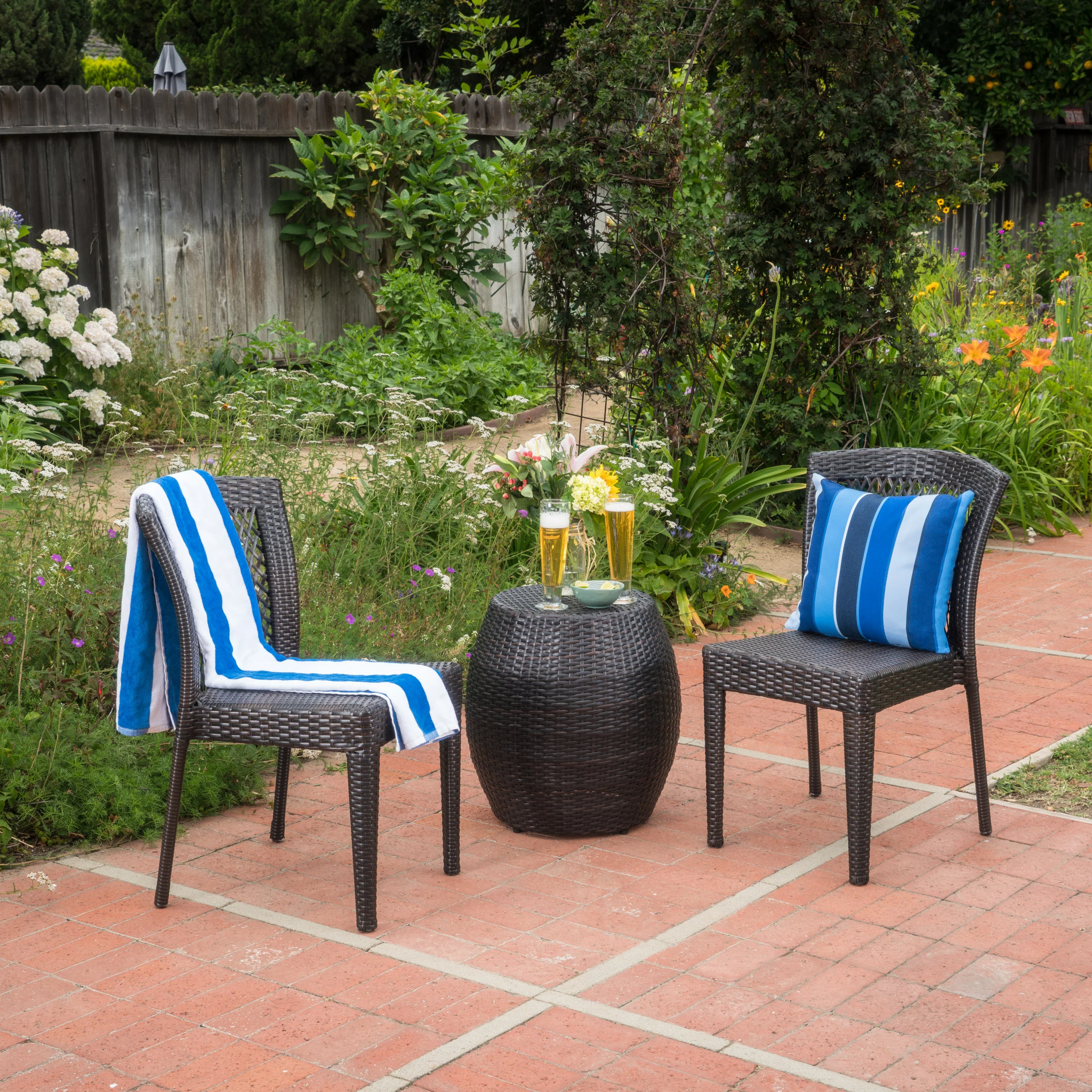 Eileen Outdoor 3-Piece Multi-Brown Wicker Chat Set with Stacking Chairs - furnishings