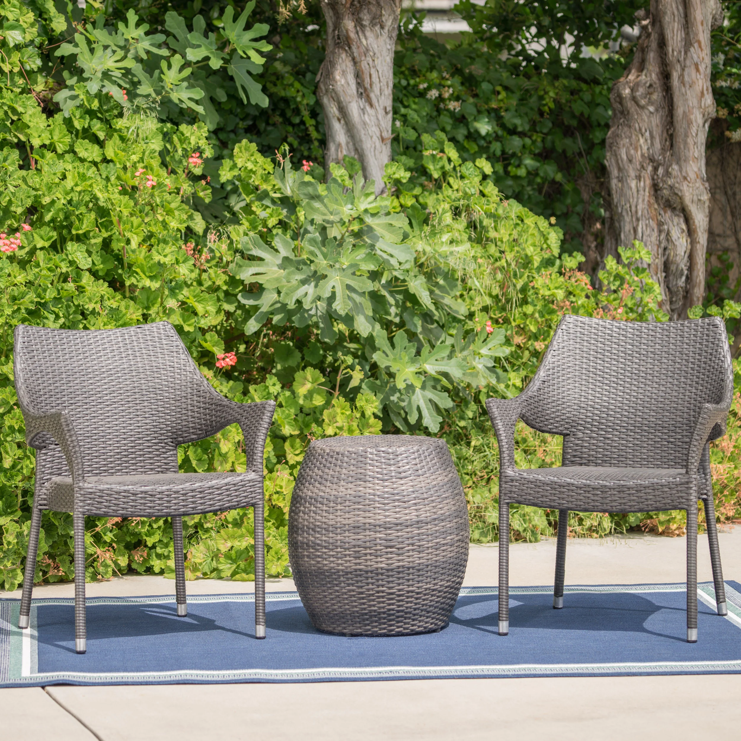 Alfheimr Outdoor 3 Piece Grey Wicker Stacking Chair Chat Set - furnishings