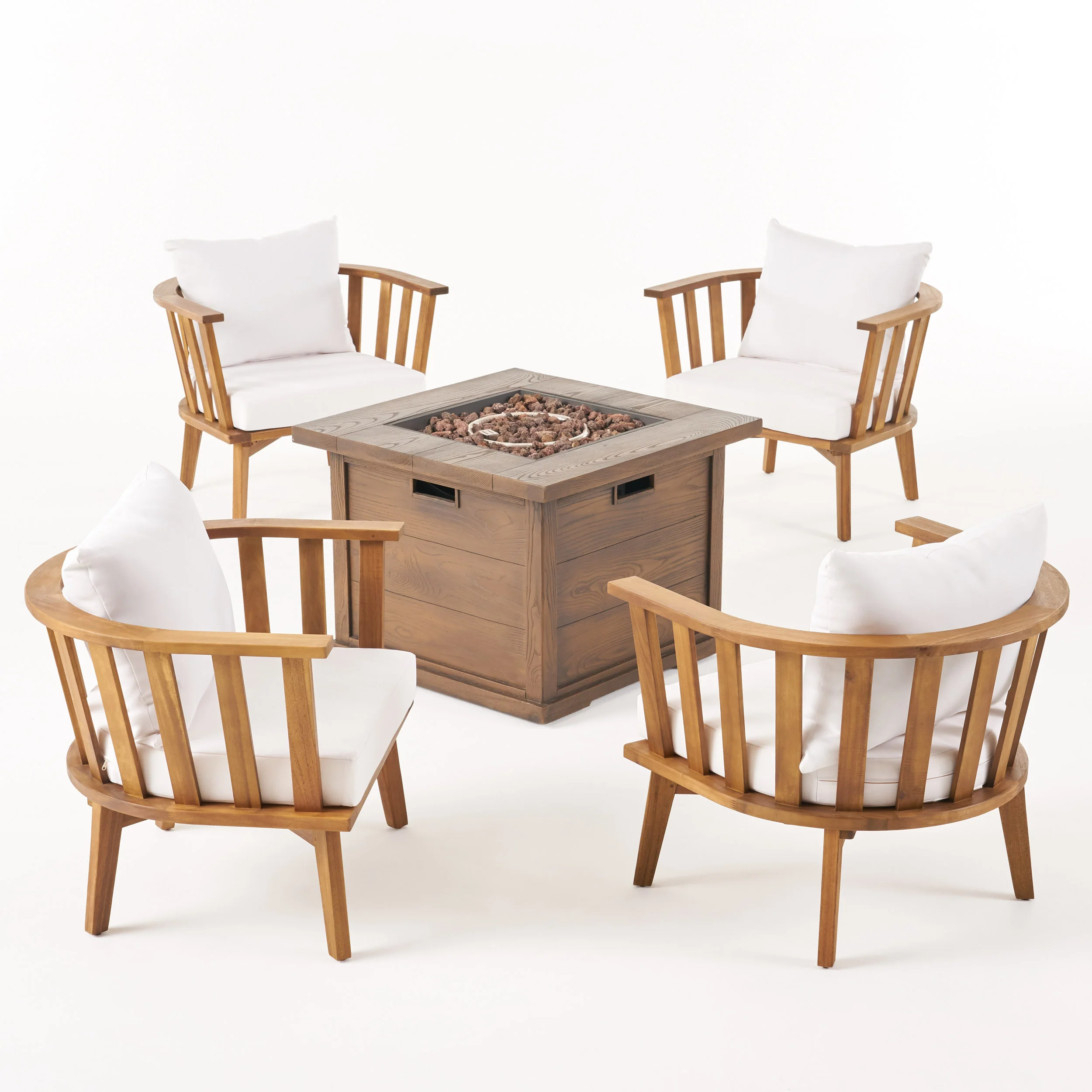 Natasha Outdoor Acacia Wood 4 Seater Club Chairs and Fire Pit Set - furnishings