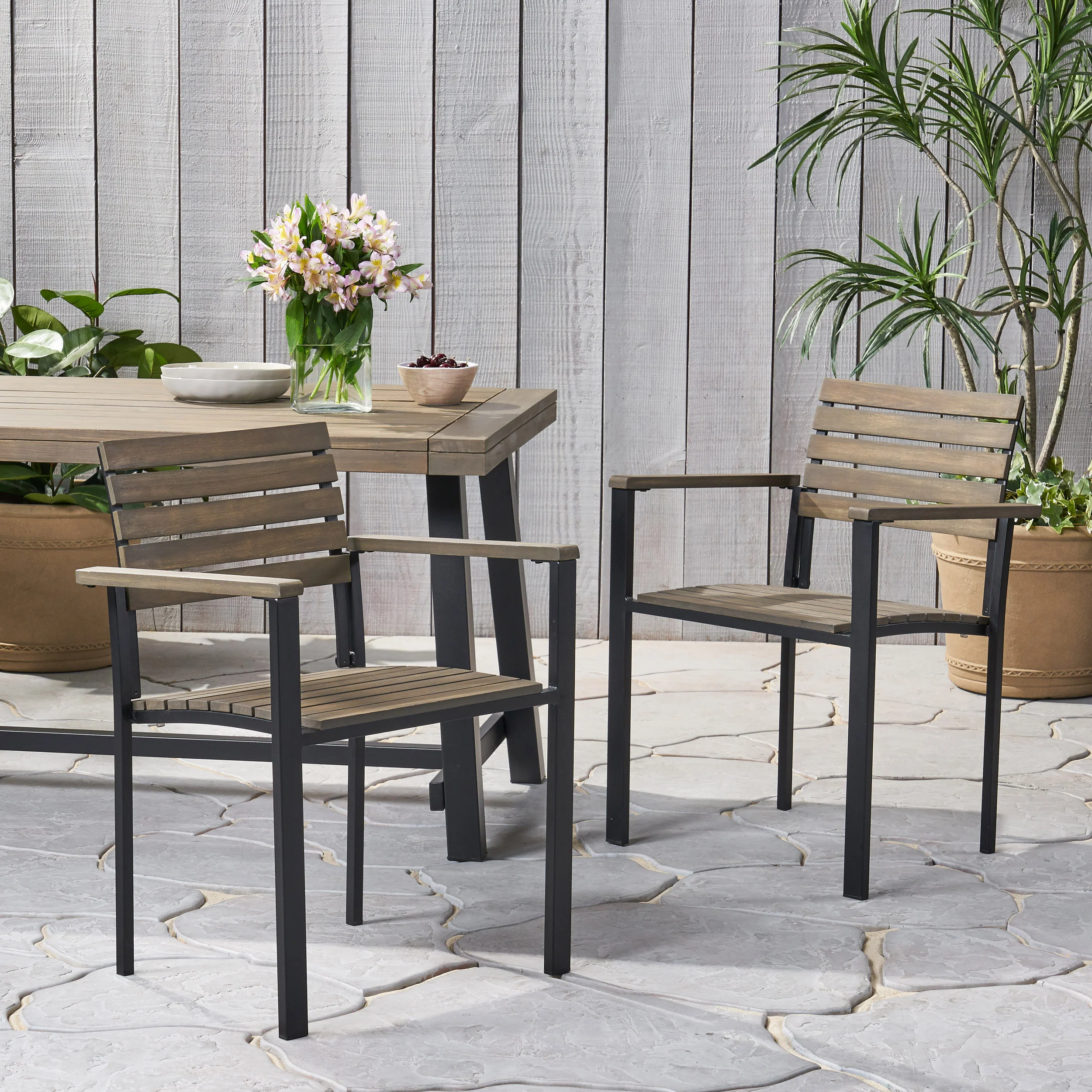 Alberta Outdoor Wood and Iron Dining Chairs (Set of 2) - furnishings