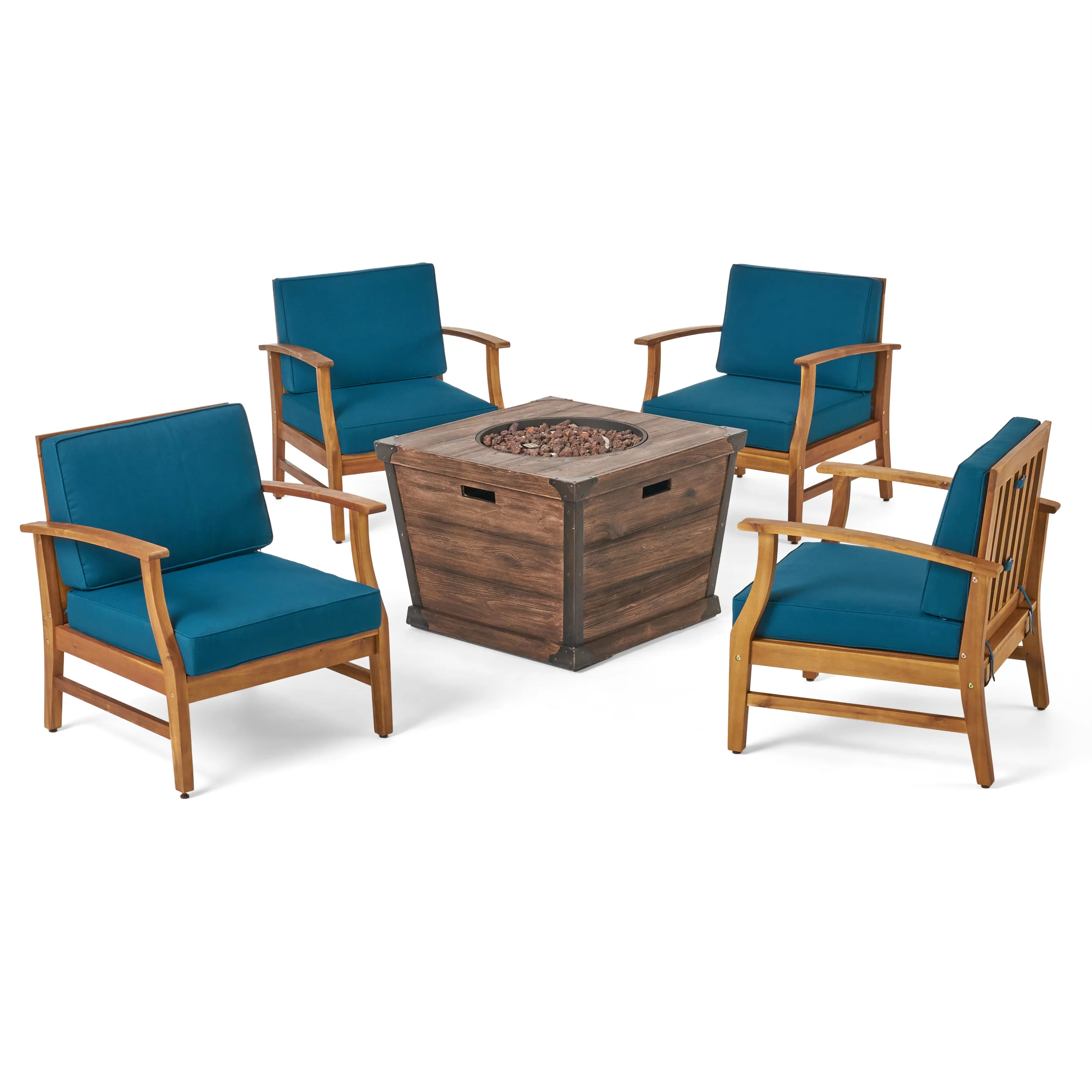 Belle Outdoor 4 Seat Fire Pit Chat Set with Teak Finished Acacia Wood Club Chairs - furnishings