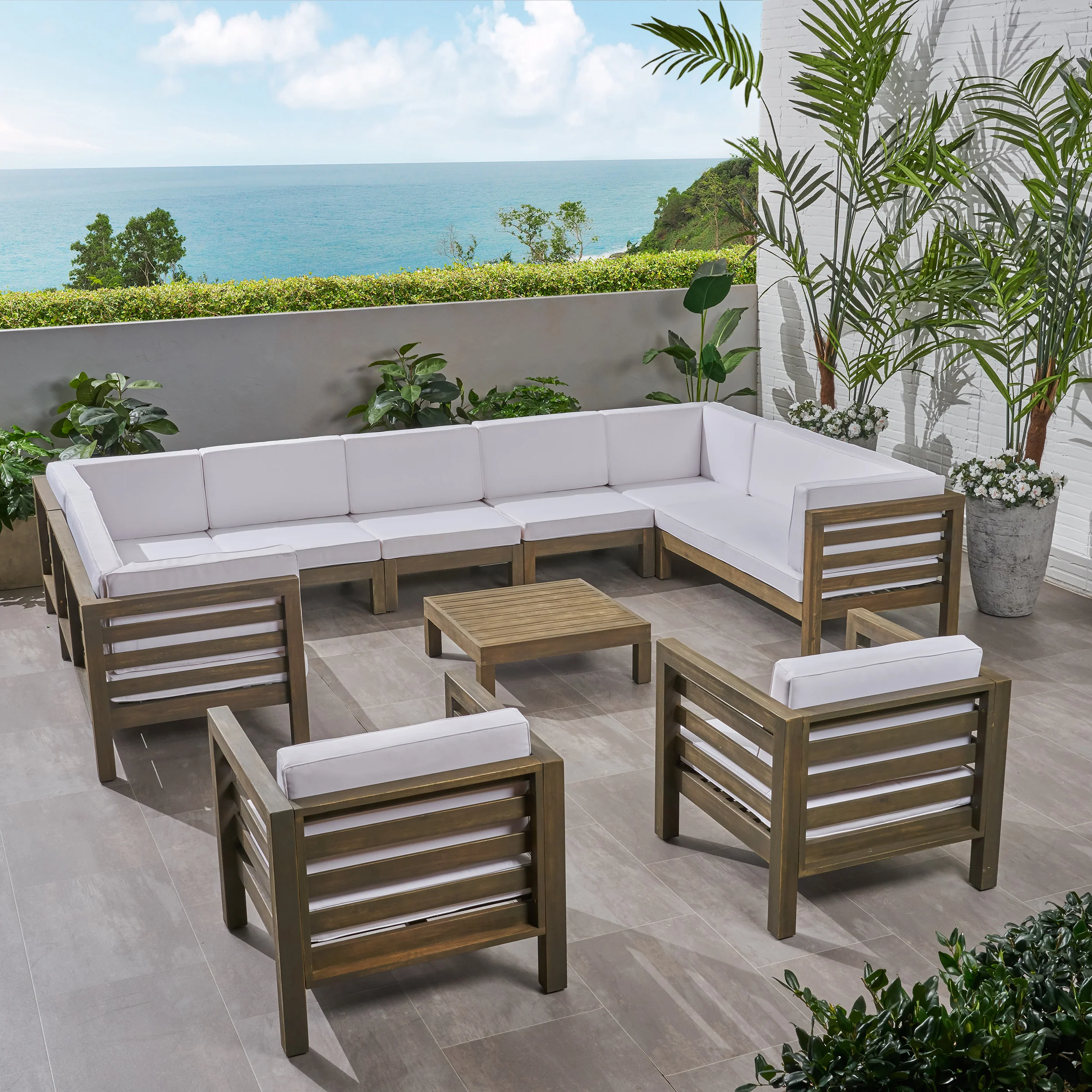 Emma Outdoor 11 Seater Acacia Wood Sectional Sofa and Club Chair Set - furnishings