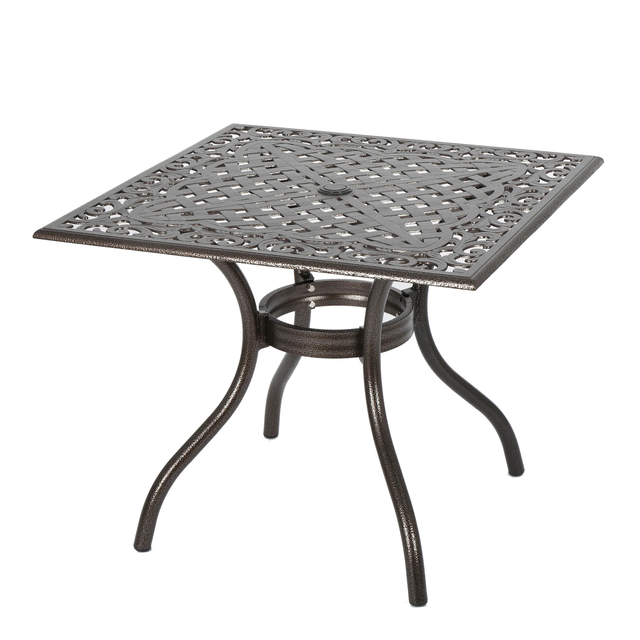 Monteria Traditional Outdoor Bronze Cast Aluminum Dining Table w/ Umbrella Hole - furnishings